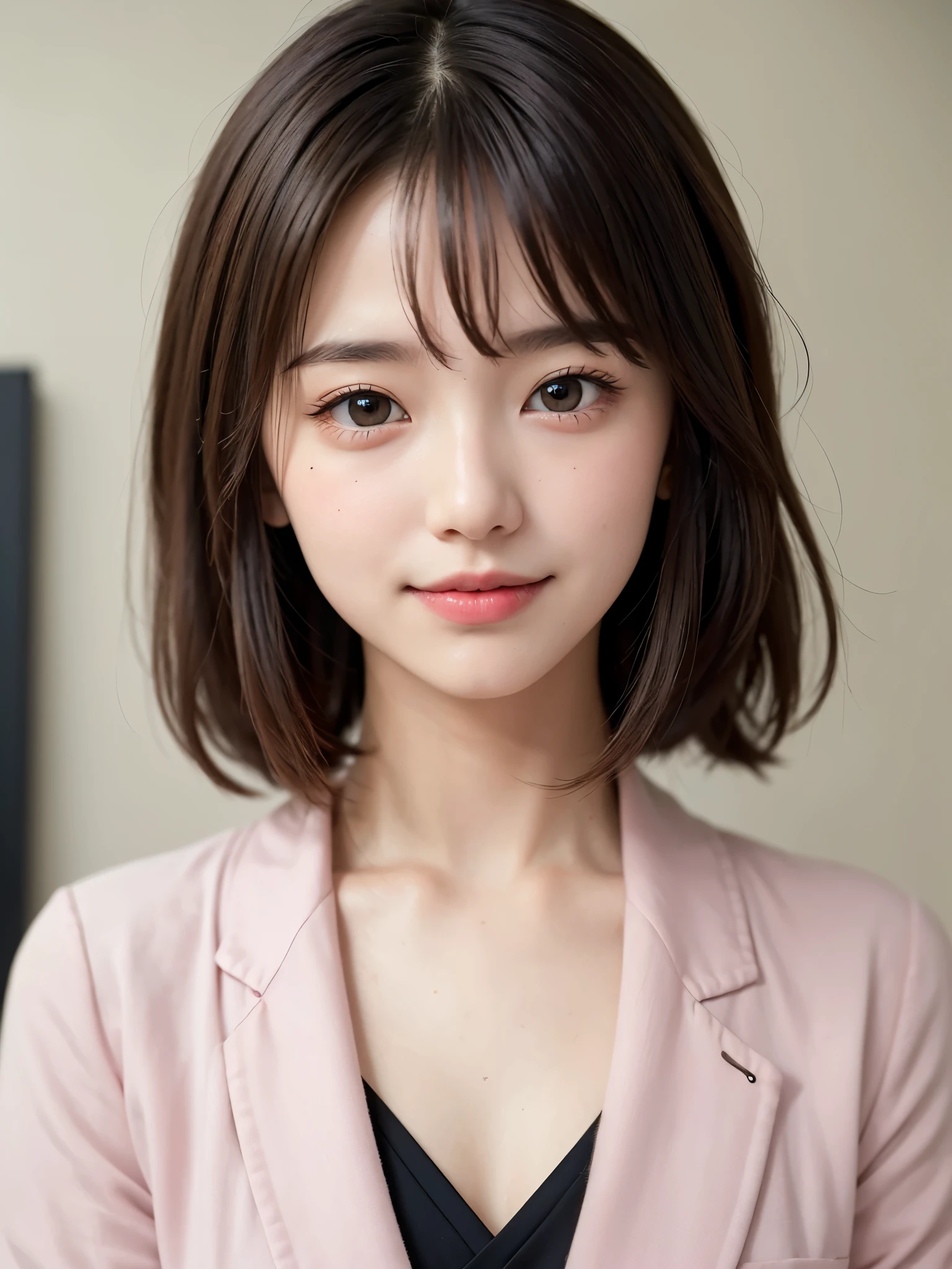 (highest quality、Ultra-realistic as a photo)、Sharp focus, 超High resolutionの顔、(masterpiece)、Very fine finish、(High resolution、8k:1.3)、The face is in focus、Ultra high definition and beautiful eyes、Eyes are symmetrical、(I stare at you with concentrated eyes)、High quality and natural skin、Ultra HD Hair Texture、(Face close-up:1.1)、Japanese women、20-year-old、OL, (short hair, messy hair:1.2)、suit, White Business Shirt、medium breast, Natural light, very cute、very cute, Light Makeup, Glossy Lips、), (blush:1.3), (embarrassed:1.3), small smile