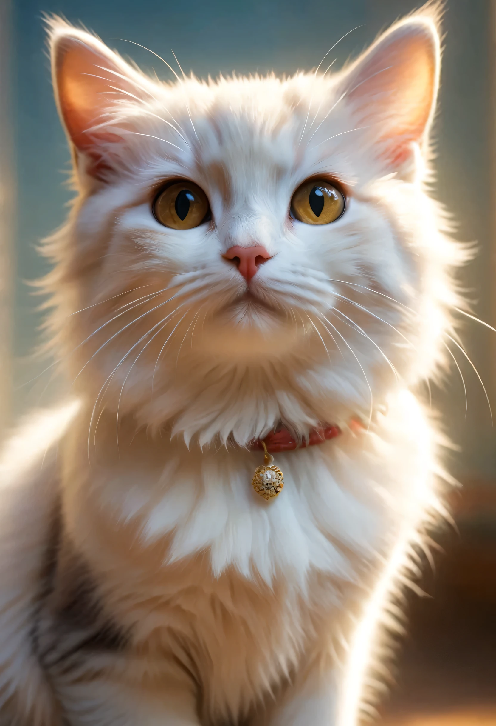 [A cute cat greets the viewer, Pierre＝Art by Auguste Renoir and Jeremy Mann, (Viewpoint angle:1.2), Realistic, Ray Tracing, Beautiful lighting,masterpiece:RAW Photos,Photorealistic,The best masterpiece,Fluffy cat,Beautiful light and shadow,Reality:0.5]