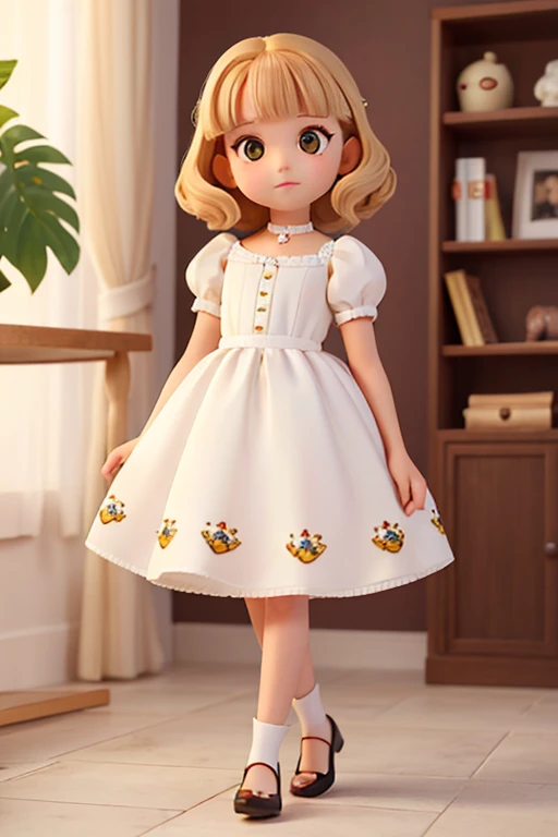 , cabello rizado rubia, con un vestido blanco largo elegante con tirantes y decorado con flores silvestres ojos grandes y color marron claro Focus on the Face zapatos clasicos con zoquetes delicados y un perro caniche toy color negro face lovely kindergarden children