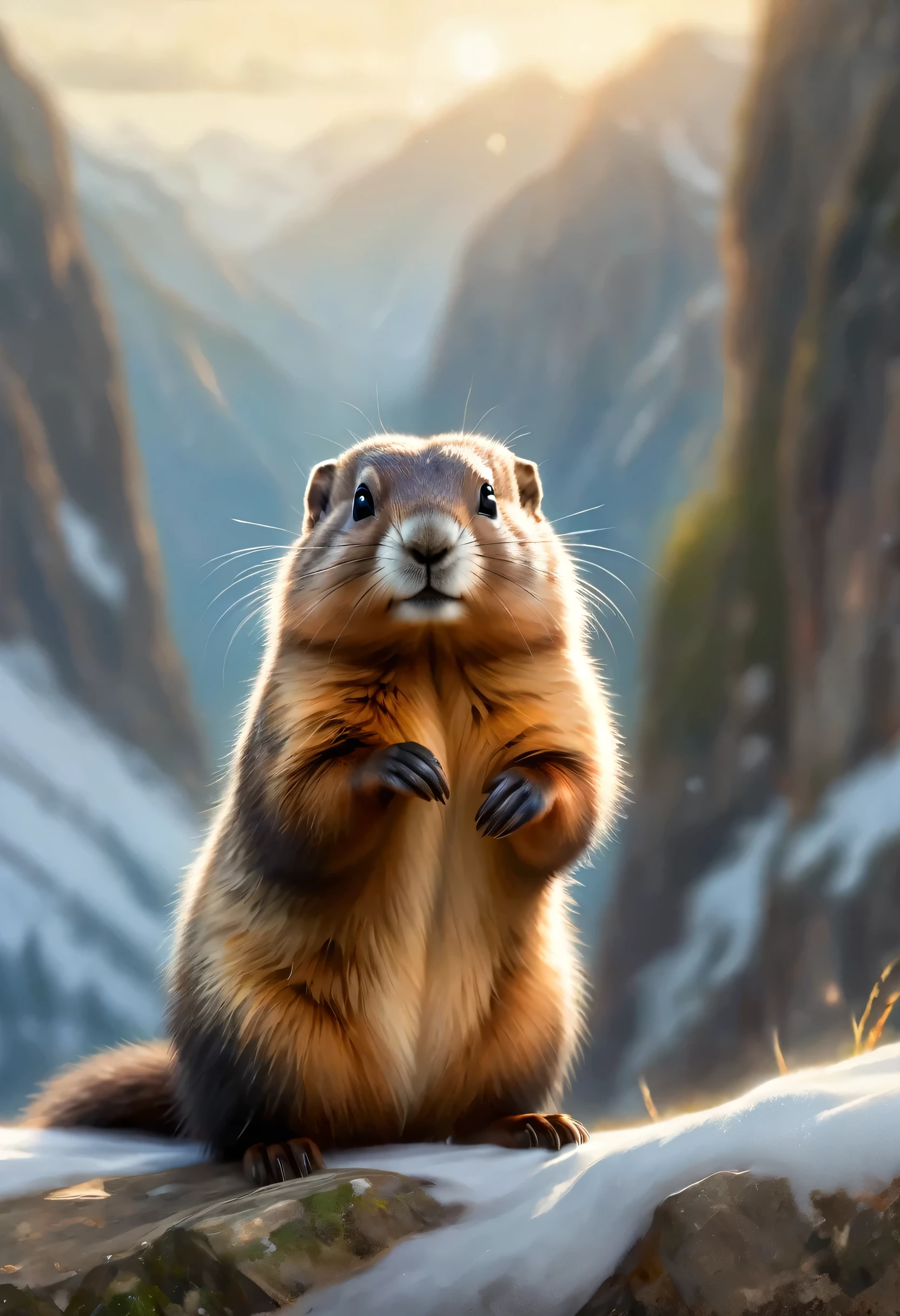 A cute pygmy marmot greets the viewer, Pierre=Art by Auguste Renoir and Jeremy Mann, (Viewpoint angle:1.2), Realistic, Ray Tracing, Beautiful lighting,masterpiece,National Geographic