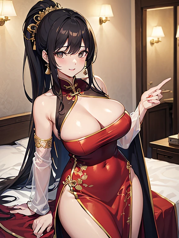 ((masterpiece, best quality, highest quality, ultra-detailed, 32K cg wallpaper, high resolution)),1 woman,black hair,brown eye,long ponytail hair,swept bangs,huge breasts,smile,parted lips, bare shoulders, red china dress, chinese clothes, short dress, cleavage cutout, sideboob, thighs, standing,from left in front,bed side,