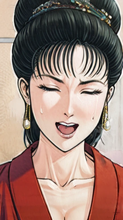(best quality), (very aesthetic), (ultra-detailed), (best illustration),a mature female,Perfect Face,Suikoden,Mrs. Lin,(full_body),big breast,red cheek,Sweating,skinny, chinese traditional lingerie,chinese traditional style bed,She opens her mouth wide and closes her eyes, moaning with pleasure.