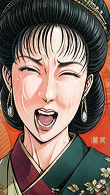 (best quality), (very aesthetic), (ultra-detailed), (best illustration),a mature female,Perfect Face,Suikoden,Mrs. Lin,(full_body),big breast,red cheek,Sweating,skinny, chinese traditional lingerie,chinese traditional style bed,She opens her mouth wide and closes her eyes, moaning with pleasure.