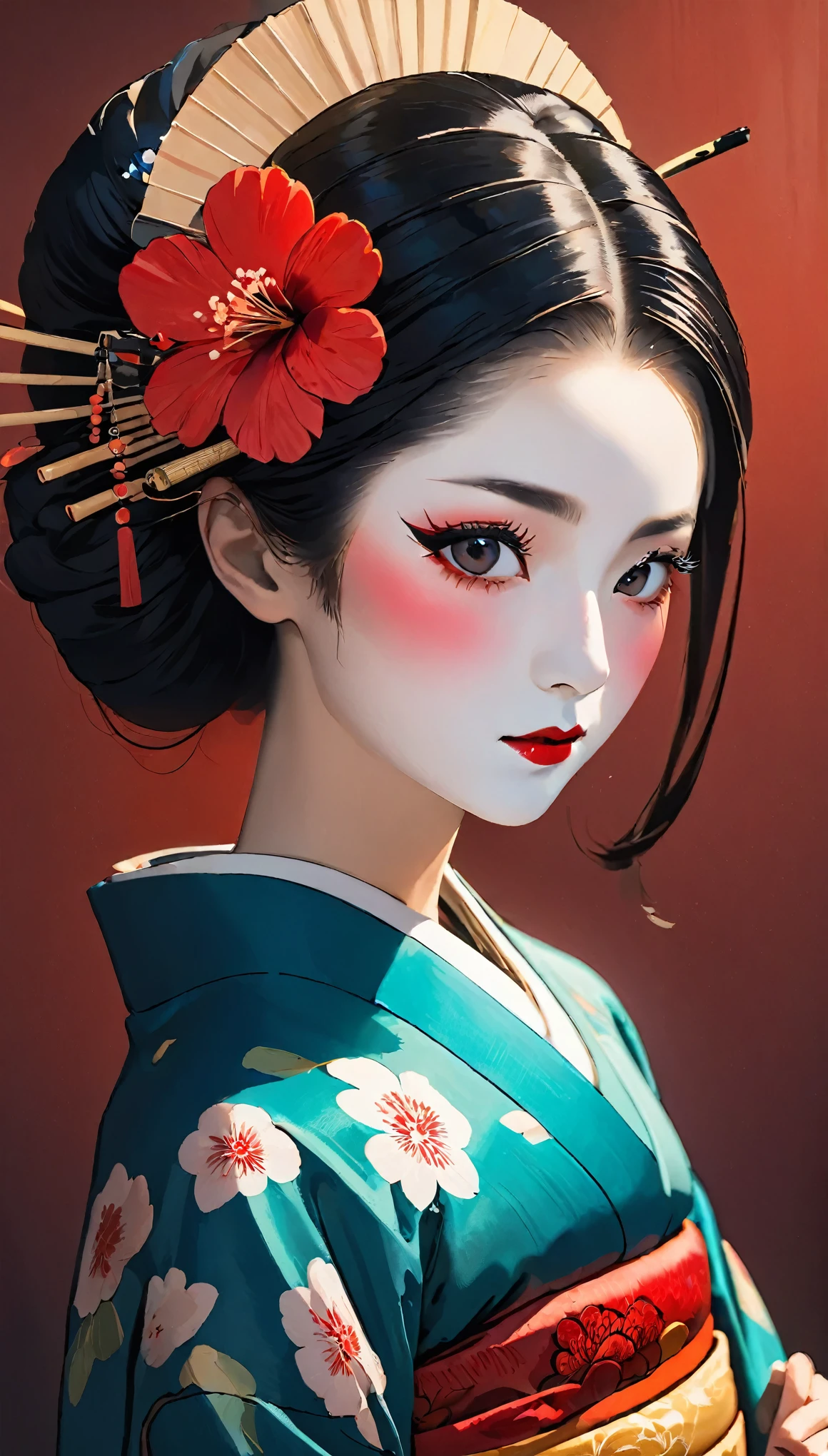 Alafi wearing a kimono with a red flower headpiece, Geisha Makeup, Portrait of a Geisha画, Geisha Makeup, Portrait of a Geisha, Beautiful Geisha, Japanese Geisha, Glamorous and sexy geisha, 美しいPortrait of a Geisha画, Portrait of a Geisha, Geisha hairstyle, remarkable Geisha Makeup