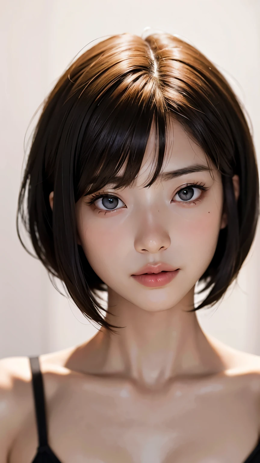 short hair, 前髪のあるshort hair, Anorexic woman with a pretty face,Cute little face, French Bob, White skin, 短い茶色の髪とBig eyes, Full body portrait shot 8k, Beautiful light、Big eyes, Beautiful woman, Young woman with bob cut, Full Shot,Best image quality,