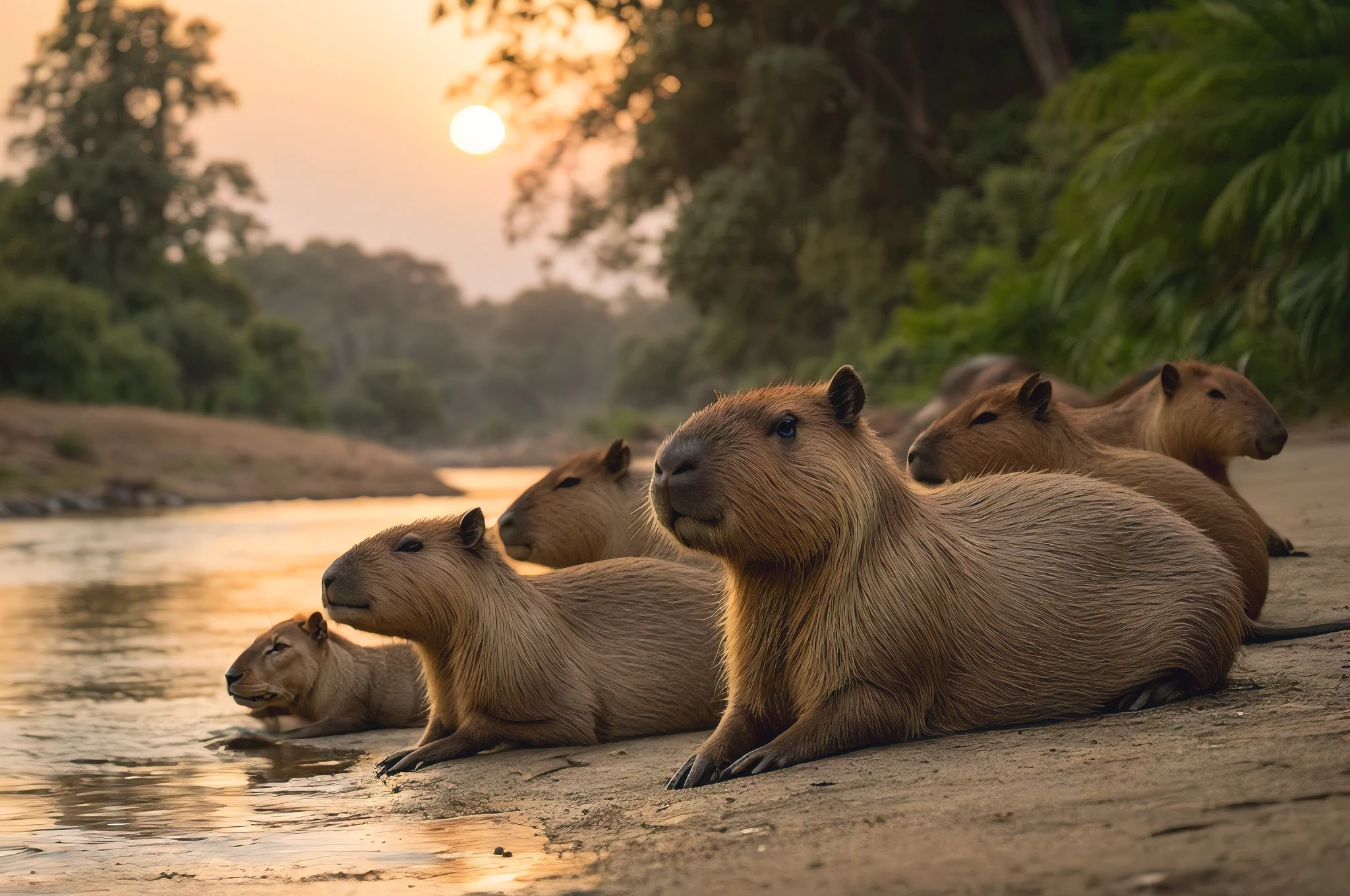 A captivating photograph of a tranquil scene featuring a group of capybaras sunbathing near a gentle river. The capybaras, with their large, friendly eyes and dense fur, are basking peacefully on the riverbank, creating a sense of calm and serenity. The background showcases a soft, golden hue from the setting sun, with tall trees and lush vegetation lining the riverbed. The overall atmosphere evokes a sense of warmth and tranquility, highlighting the beauty of nature's simple pleasures.