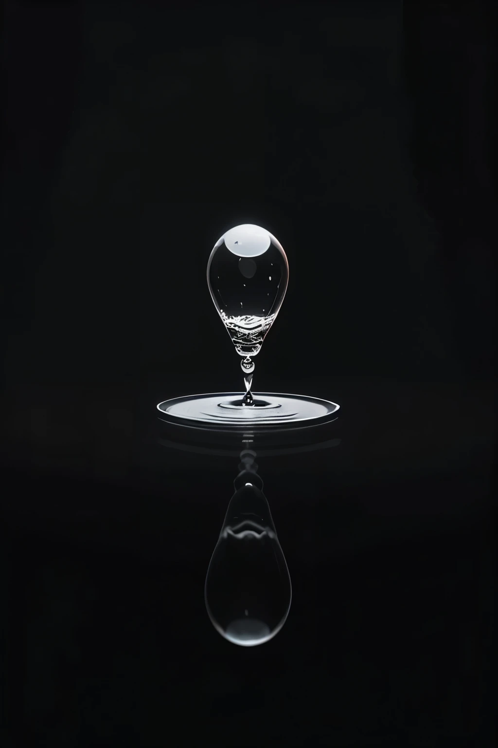 A mesmerizing water drop, poised delicately on a pristine black glass background, encapsulates the essence of tranquility and precision. A single droplet, glistening and translucent, creates an ethereal ripple as it clings to the glass, reflecting the unadulterated darkness around it. The minimalistic contrast between the drop and the backdrop exudes an ambiance of Zen-like simplicity, inviting viewers to immerse themselves in the captivating stillness.

(photographic masterpiece: 1.4), (high definition: 1.5), (monochromatic: 1.3), (close-up:
