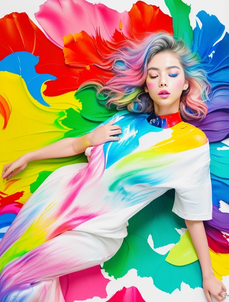 (Pink Fashion T-Shirt:1.9),(colorfulな髪: 1.8), (All the colors of the rainbow: 1.8),(((((vertical painting:1.6))), (painting:1.6),front, comics, figures, paintings, Big eyes, Clear eyes,( Rainbow gradient high ponytail:1.7), Exquisite makeup, Mouth closed,(Small Fresh: 1.5),(Wipe the chest: 1.6) ,Long eyelashes, White off-the-shoulder T-shirt, White shoulder shirt,Looking at the audience, Big teary eyes, (Rainbow Hair:1.6), カラーsplash, (alone:1.8), カラーsplash, An explosion of colors, thick paint style, Messy Lines, ((The Shining)),(colorful), (colorful), (colorful), colorful, Thick paint Style, (splash) (Color splash), Vertical painting, Upper Body, paint splash, Acrylic Pigments, Slope, paint, Best image quality, highest quality, masterpiece, alone, Depth of written boundary, Face paint, colorful clothes, (elegant: 1.2), nice,Long Hair, Wind, (elegant: 1.3), (petal: 1.4),(((masterpiece))),(((highest quality))),((Super detailed)),(figure),(Dynamic Angle),((floating)),(paint),((Disheveled Hair)),(alone),(One girl) , (((Detailed anima face))),((Beautifully detailed face)),collar,Exposing shoulders,Gray Hair, ((colorful hair)),((Striped Hair)),Beautiful fine details,(Slope color eyes),(((colorful eyes))),(((colorful background))),(((High saturation))),(((surrounded by colorful splashes))),