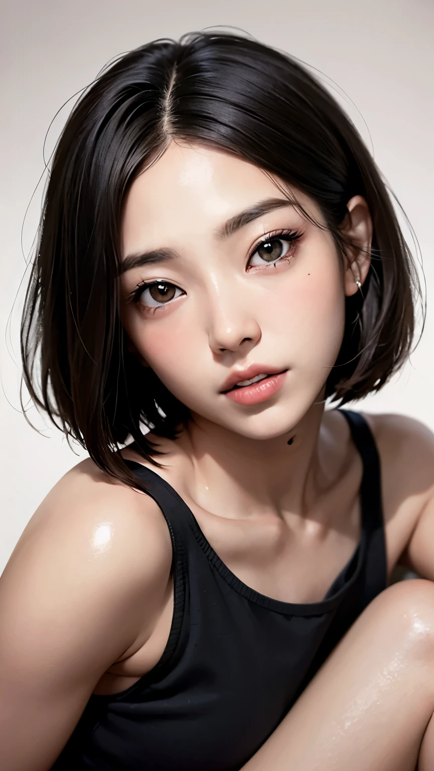 short hair, 前髪のあるshort hair, Anorexic woman with a pretty face,Cute little face, French Bob, White skin, 短い茶色の髪とBig eyes, Full body portrait shot 8k, Beautiful light、Big eyes, Beautiful woman, Young woman with bob cut, Full Shot,Best image quality, 