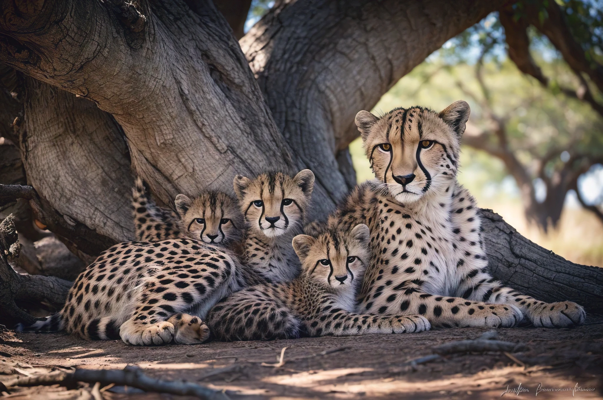 A breathtaking wildlife photograph captures a mother cheetah and her cubs resting peacefully together under the shade of a large, gnarled tree in the African savannah. The mother cheetah has a stunning, golden coat with a subtle pattern of dark spots and rosettes. Her cubs, still small and playful, showcase a similar pattern but with darker and more defined markings. The natural light filters through the trees, casting dappled shadows across the scene, creating a serene and intimate atmosphere.