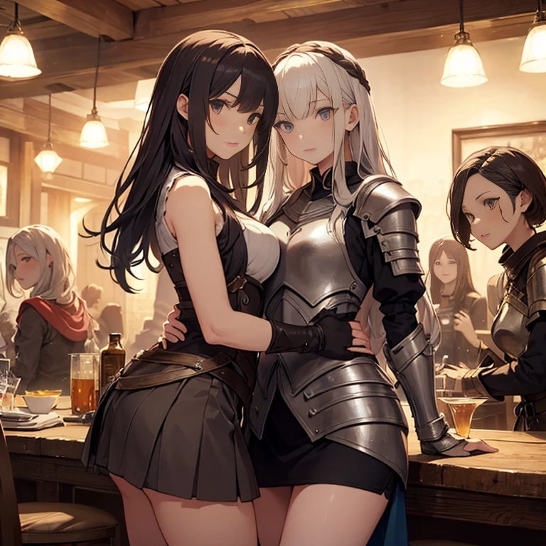 A group of  female medieval fantasy adventurers, (in tavern), various hair styles, harem, night, details face, short skirt, seducing, sleeveless, armor 