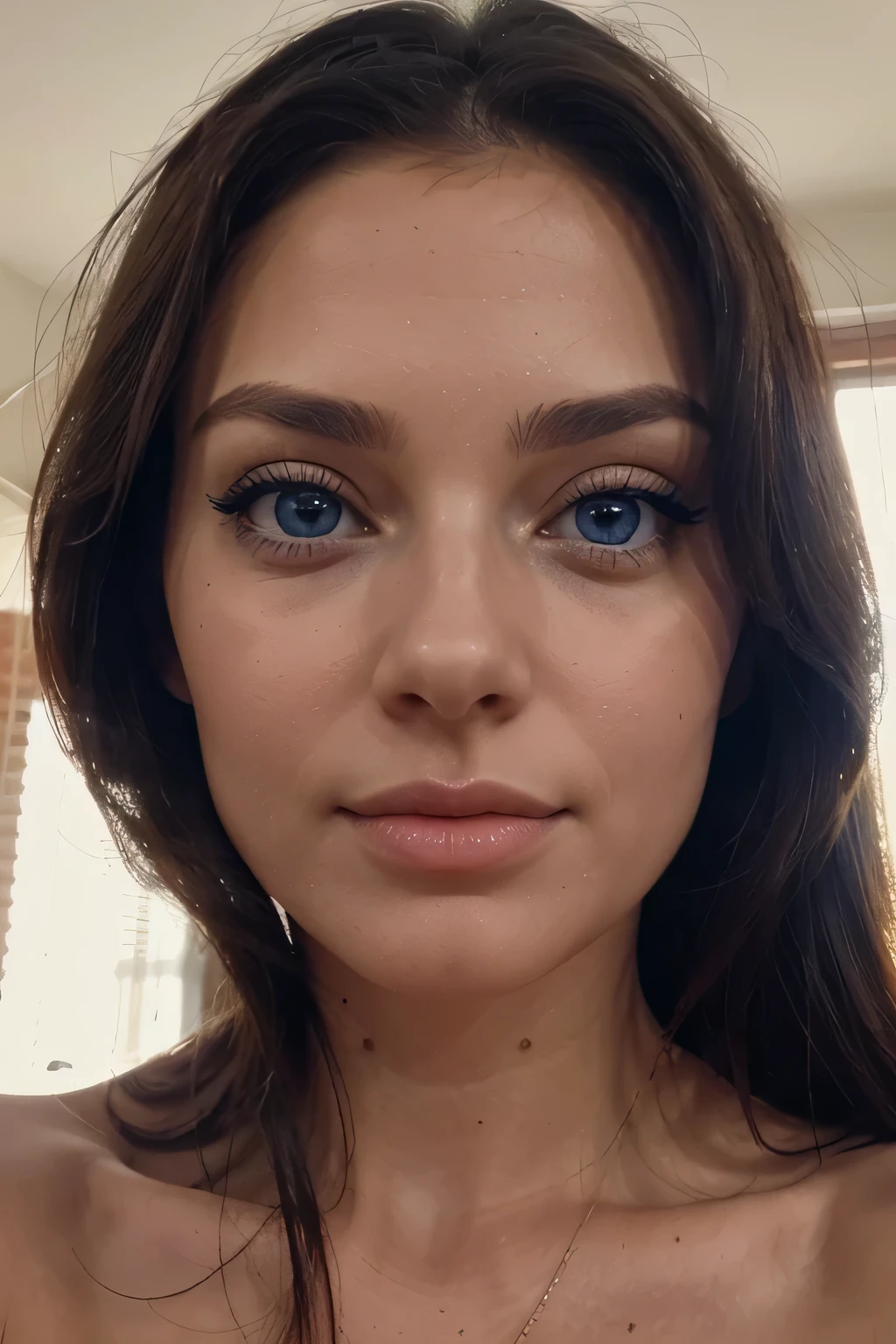 A beautiful woman, 31 yesr old, beautiful face, long eyelashes, sexy, natural blue eyes