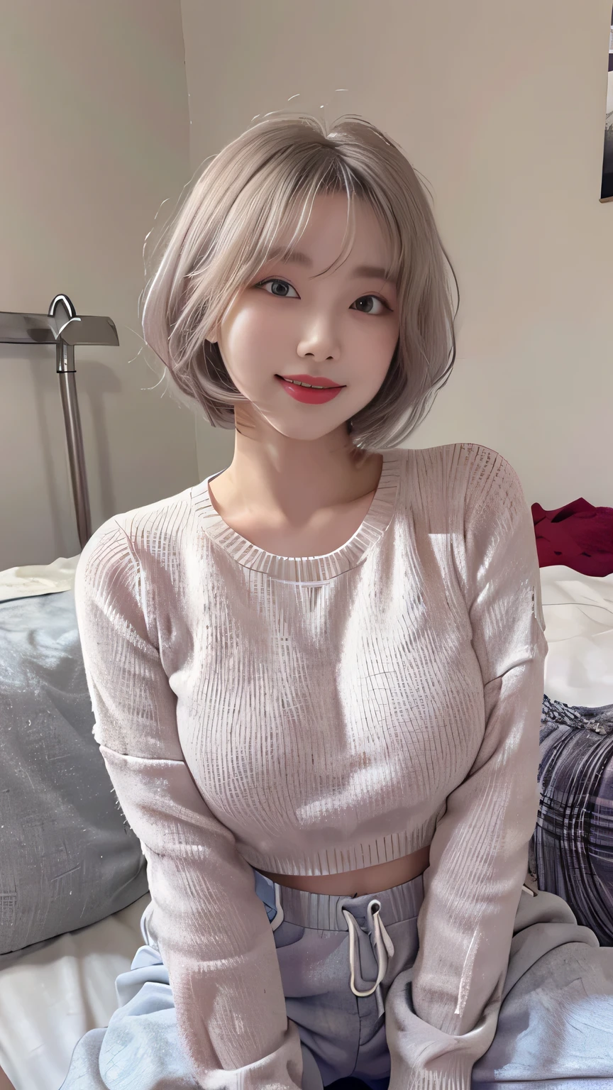 Best image quality、original photo、Ultra-high resolution、21 years old Korean breast、Dynamic Angle、Cowboy shooting、The most beautiful form of chaos、elegant、Innovative design、Vibrant colors、Beautiful white hair、Short Bob、Smile、Fair and shiny skin、beautiful eyes of random colors、The details are very beautiful、Thin lips、Detailed beautiful eyes、Eyes become longer、Pale pink cheeks、Long eyelashes、Beautiful double eyelids、Eyeshadow、big sweater、Baggy pants、Side shot、sit、Sexy pose、enlarge