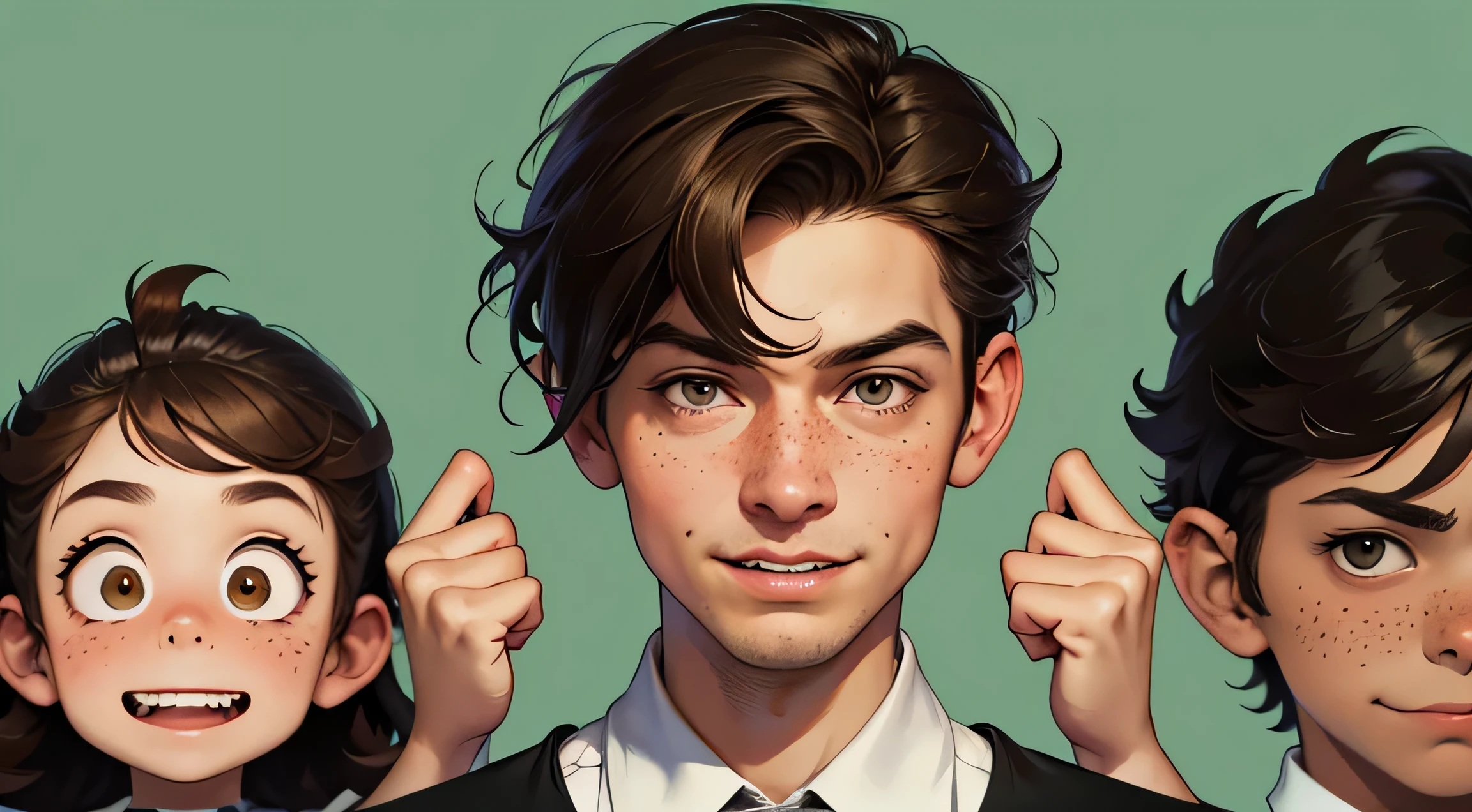 A range of styles and variations of a young boy with a large head, brown hair, buck teeth, and big ears. From a realistic portrait to a cartoonish caricature, this prompt allows for endless possibilities in capturing the unique and diverse features of this character. With his wild hair and freckles, he exudes a playful and mischievous energy, much like the iconic Alfred Newman from Mad Magazine.