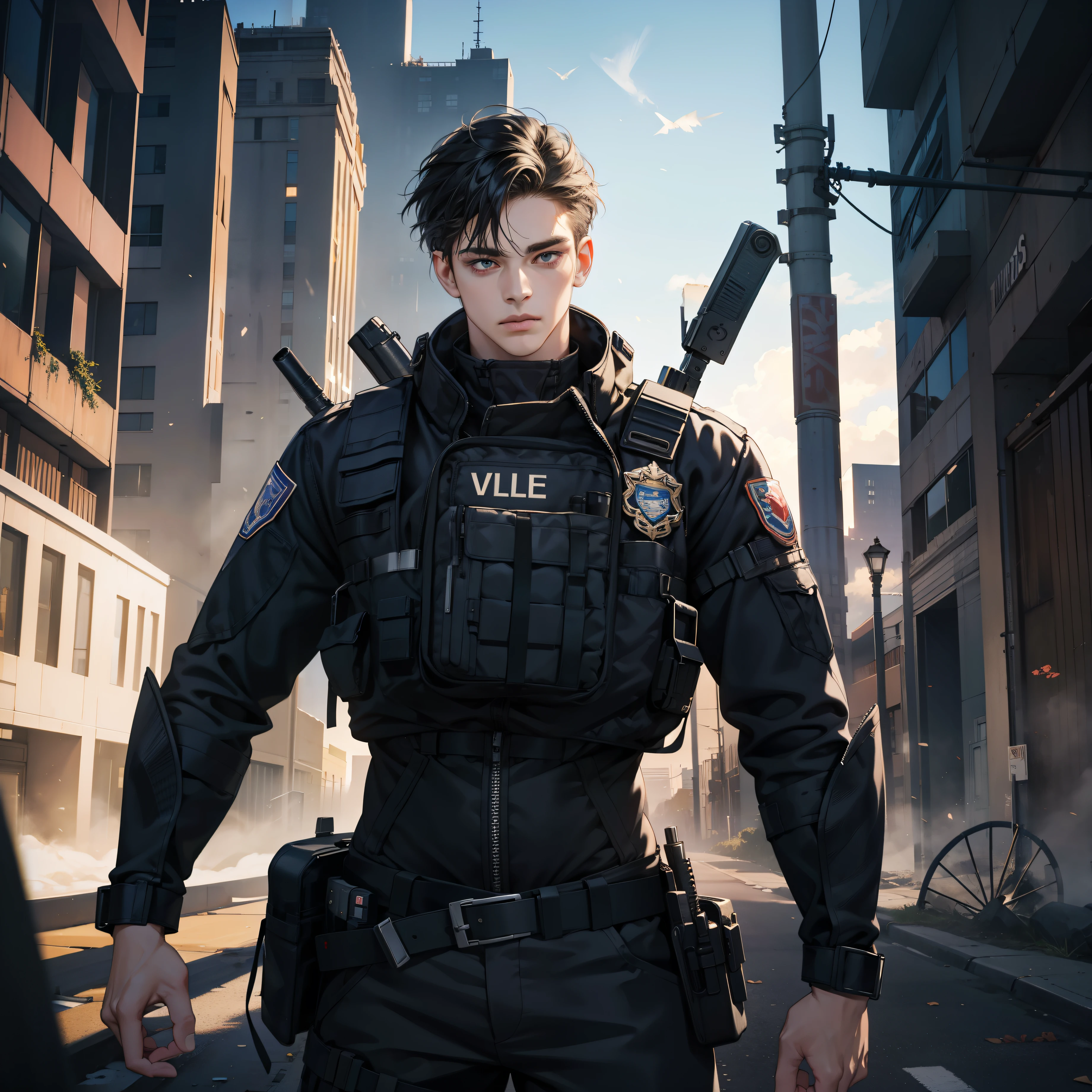 Masterpiece, high quality, best quality, 3D HD, realistic, perfect lighting, detailed body, cool hair, 1 Man, police swat suit, Destroyed city background