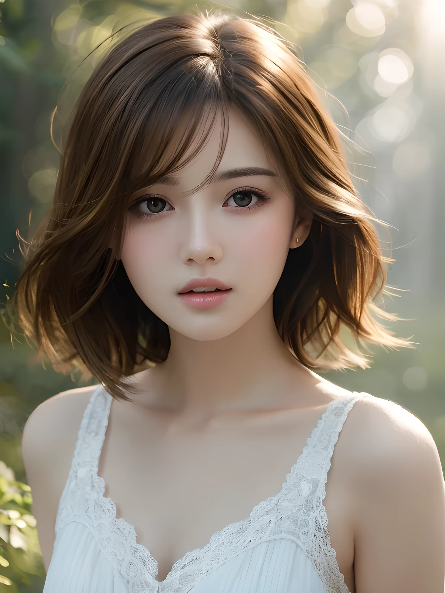masterpiece, highest quality, High resolution, wallpaper, realistic, (bright lighting:1.4), professional lighting, face light, smooth lighting, 1 girl, Close-up, cute, sad, open mouth to say something, shy, Beautiful girl, gravure, sexy, super beautiful, beautiful skin, beautiful and detailed eyes、detailed face、slim、moderately, short hair, hair blown by the wind, brunette colored hair, brown eyes, Professional Photography, Bokeh, Portrait, The morning sunlight shines through the misty forest path.