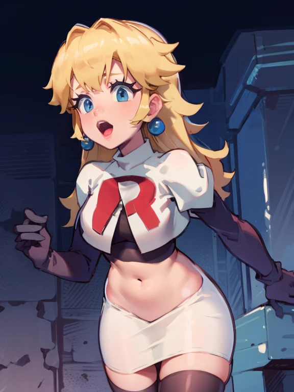princess_peach, blonde hair ,earrings,team rocket,team rocket uniform, red letter R, white skirt,white crop top,black thigh-highs,black elbow gloves