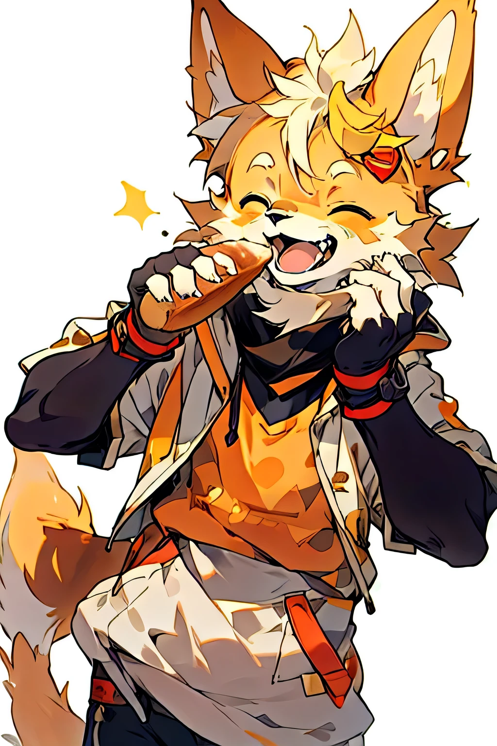 Yellow fur dog boy laughing while eating bread