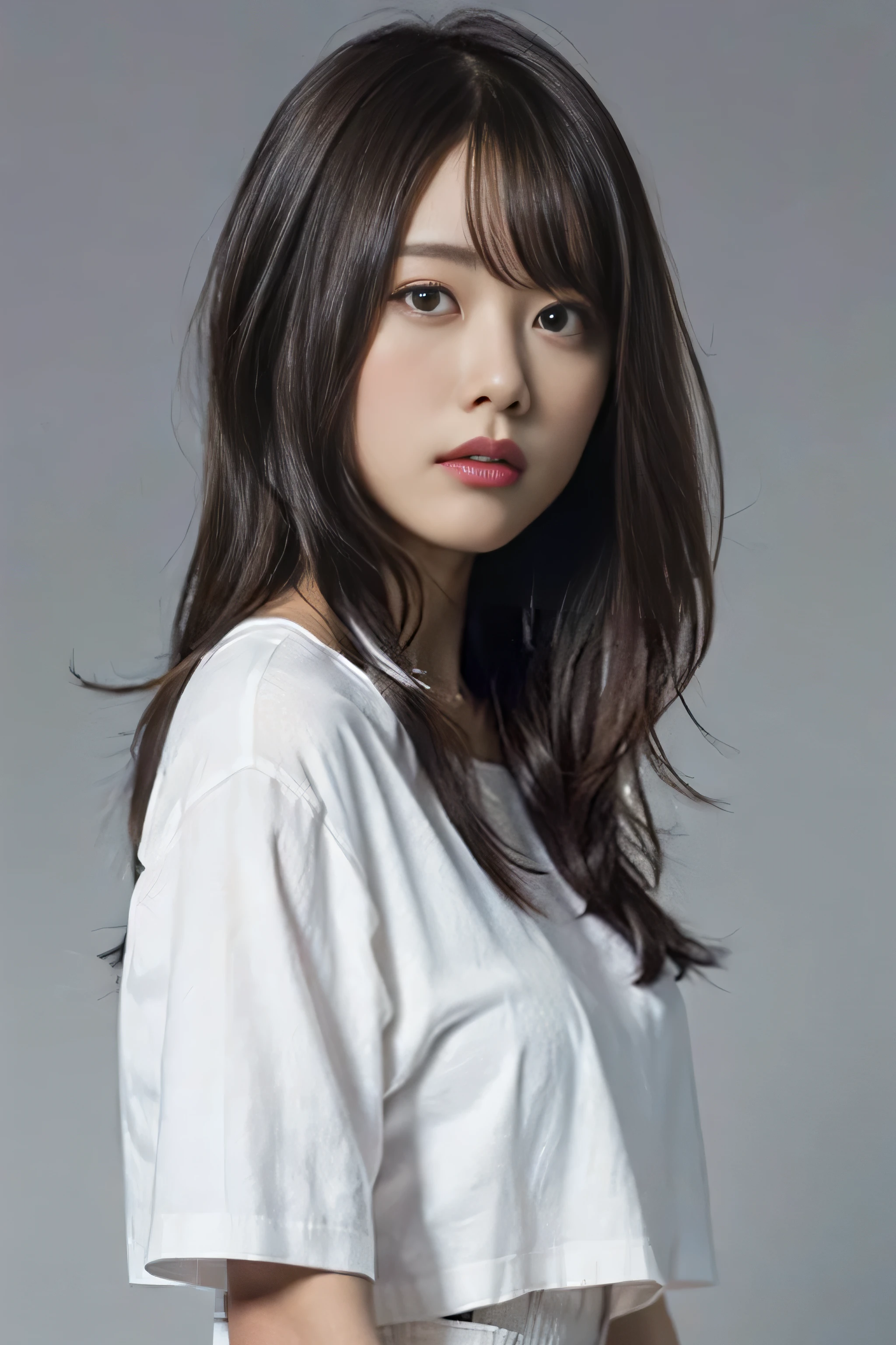 (8k、RAW Photos、Top Class Star Piece:1.2)、(Genuine、Photo Genuine:1.37)、Super fine、Ultra-high resolution、girl、1 person、Eyes staring at the viewer、Beautiful face even in the contours、Thin、(Thin black waist):1.3)、Fine and beautiful skin、Skin Texture、Fluttering Hair、Professional Lighting、Human body、White T-shirt、Plain grey background、Expressionless、Sad look