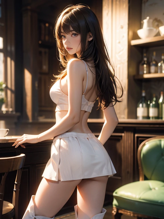 (Increase contrast)、(Increase saturation)、(27 year old super beautiful girl)、(Fair skin)Beautiful woman with perfect figure、Embarrassed face、long hair、Realistic eyes、Natural Makeup、(White tank top、Cleavage、Round and firm breasts)((Very short mini skirt、Knee-high boots)) Brown Hair、((Stylish cafe、Standing posture、Leg spread、Erotic))((Medium full shot from below and behind、Butt))