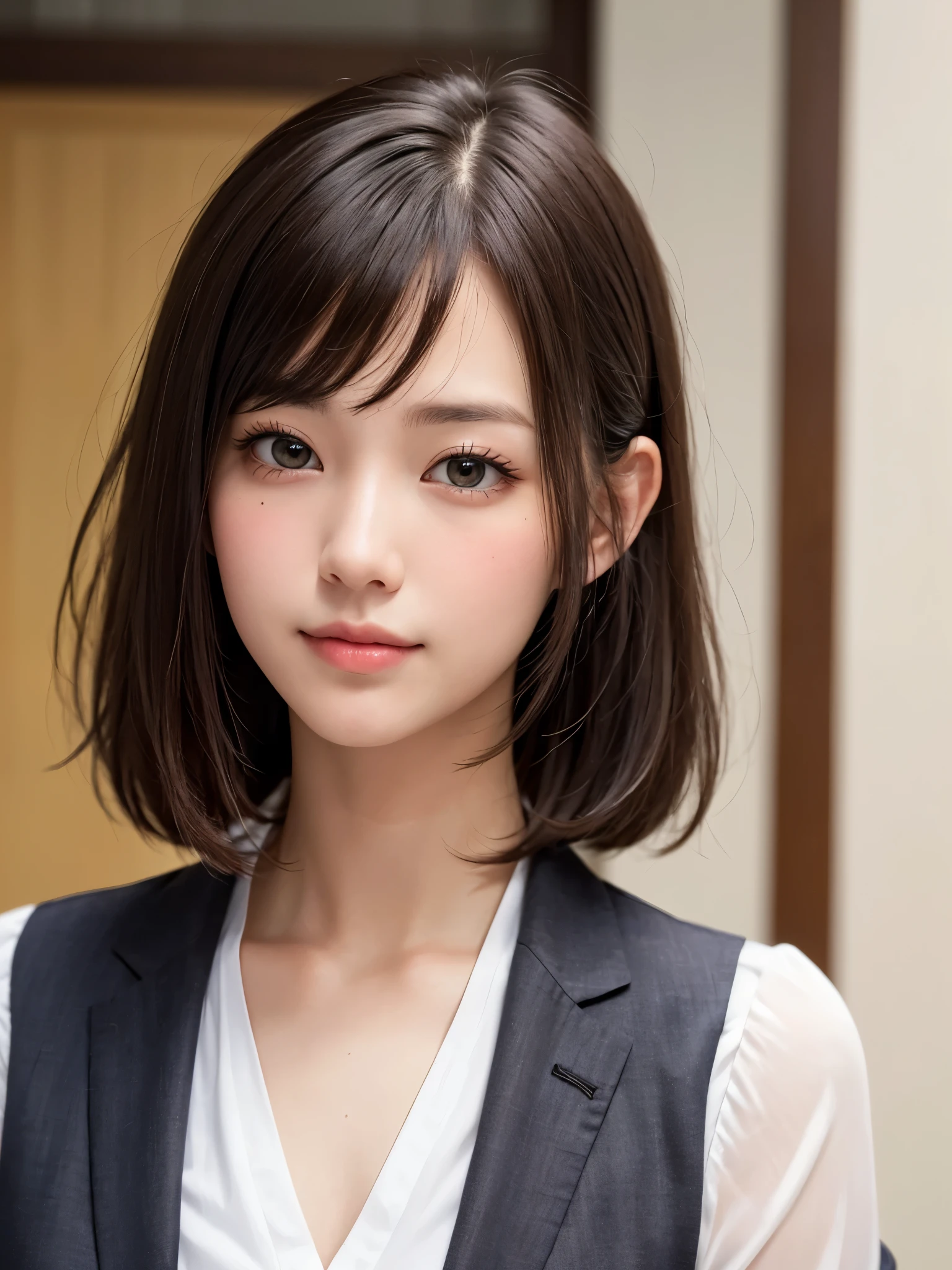 (anatomically correct), (highest quality、Ultra-realistic as a photo)、Sharp focus, 超High resolutionの顔、(masterpiece)、Very fine finish、(High resolution、8k:1.3)、The face is in focus、Ultra high definition and beautiful eyes、Eyes are symmetrical、(I stare at you with concentrated eyes)、High quality and natural skin、Ultra HD Hair Texture、(Face close-up:1.1)、Japanese women、20-year-old、OL, (short hair, messy hair:1.2)、suit, White Business Shirt、medium breast, Natural light, very cute、very cute, Light Makeup, Glossy Lips、), (blush:1.3), (embarrassed:1.3), small smile
