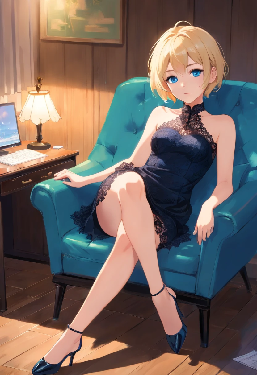 ************ Women, ((Blonde)), ((Blue eyes)), ((Short hair)), ((Full Body)), black strapless lace dress, black high heeels, Lying on a lounge chair, showing her legs, Illuminated by a small desk lamp, wet floor