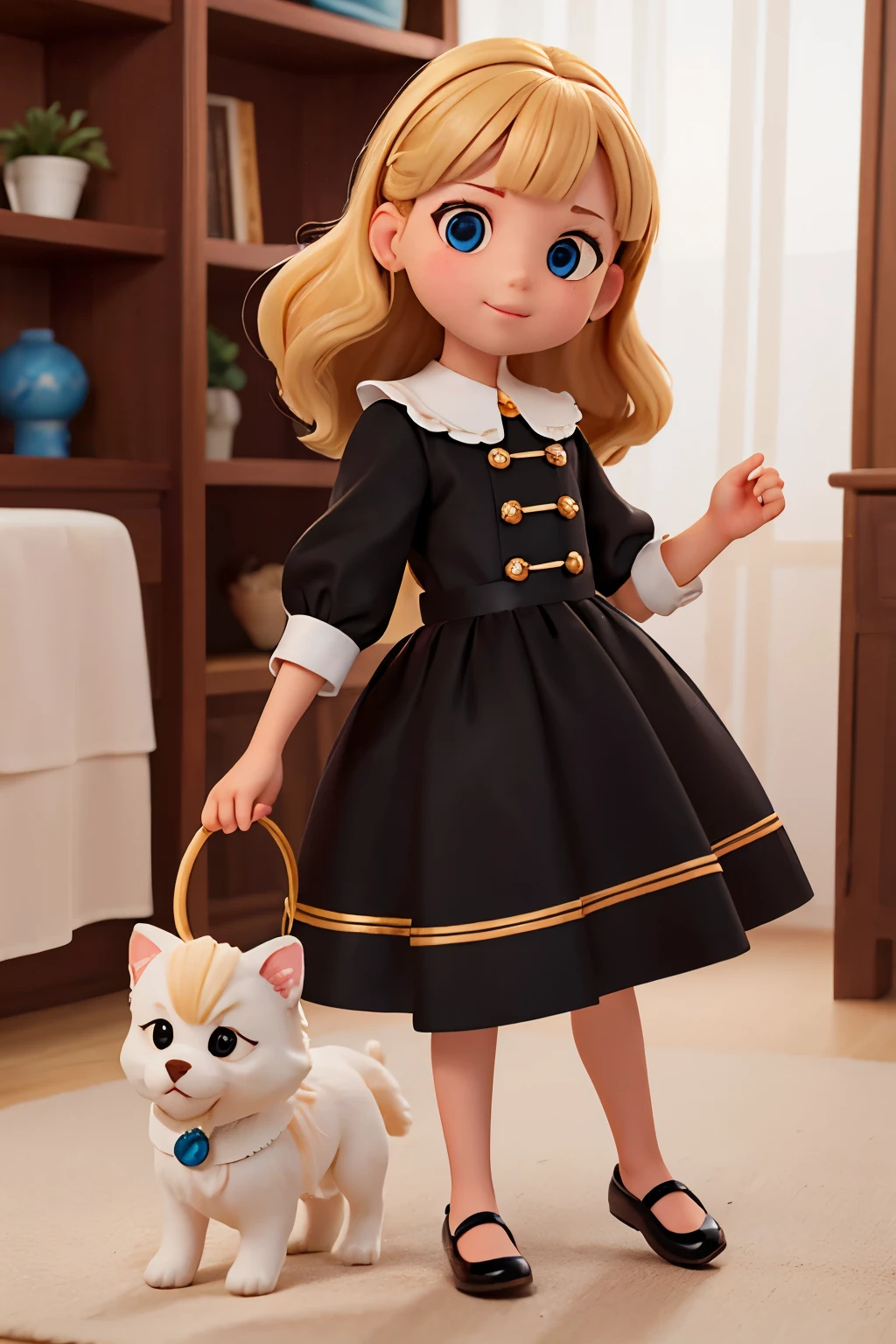 , cabello rizado rubia, con un vestido blanco largo elegante con tirantes y decorado con flores silvestres ojos grandes y color marron claro Focus on the Face zapatos clasicos con zoquetes delicados y un perro caniche toy color negro face lovely kindergarden children