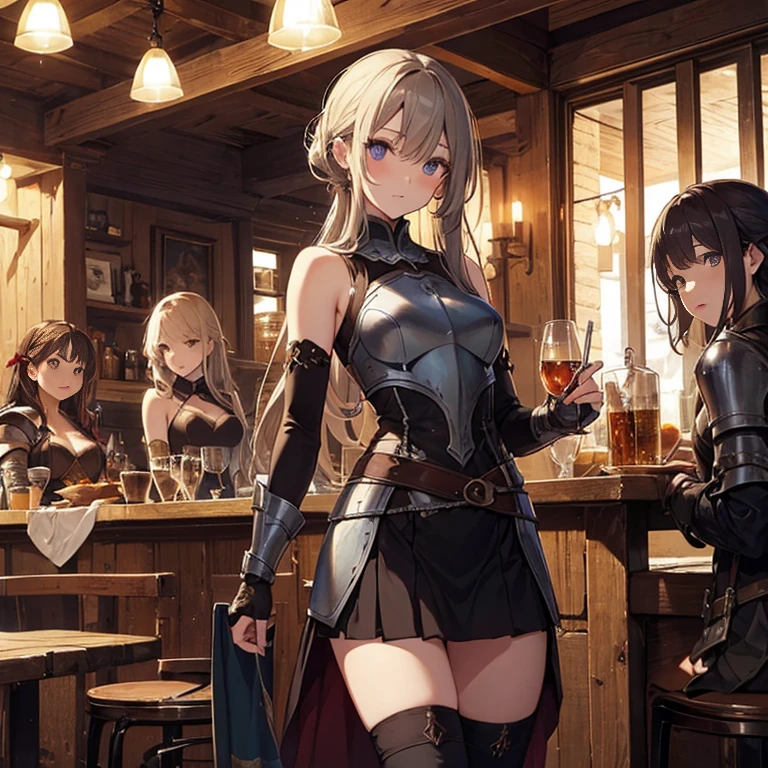 A group of female medieval fantasy adventurers, (in tavern), various hair styles, harem, night, details face, short skirt, seducing, sleeveless, armor