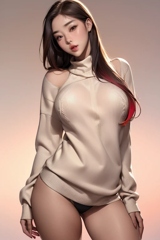 ((masterpiece, highest quality, Super detailed, Ultra-high resolution, Realistic, Cinematic)), ((Attractive Korean women, thick)), (Surrealism), (Medium Shot, from the front:1.4), Perfect body, Sexy Body, Perfect Face, Perfect hands, Fine hand, Delicate face, (bursting breasts), Long, round legs, (Wide Hips), (Long and colorful hair, Straight hair:1.3), (Wearing a high-necked sweater:1.5), (Wearing tight panties), (Sensual pose), (Gradient Background:1.3), Brown eyes, Detailed pupil, Bright red lips, Blushing, Slightly parted lips