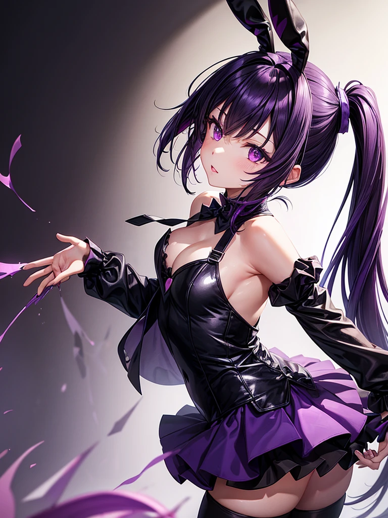 Dark purple 2 long pony tail hair girl with dark purple bunny ears and dark purplebunny tail wearing dark purplebunny girl outfit havy dark purple eyes