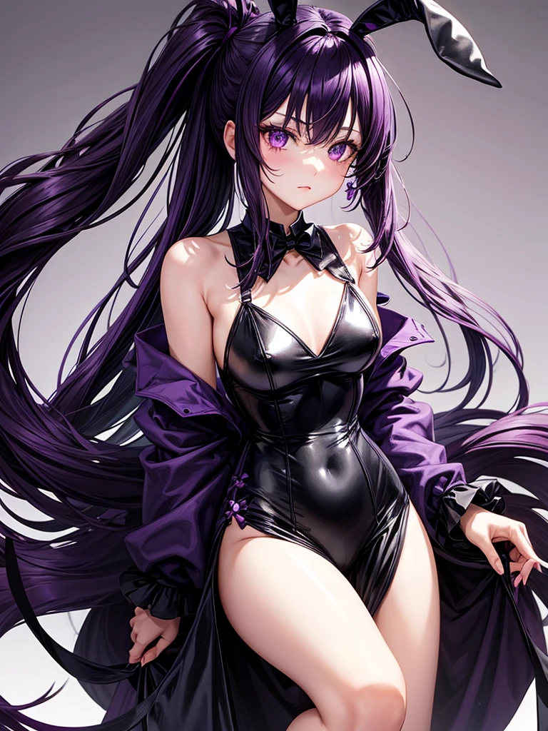 Dark purple 2 long pony tail hair girl with dark purple bunny ears and dark purplebunny tail wearing dark purplebunny girl outfit havy dark purple eyes