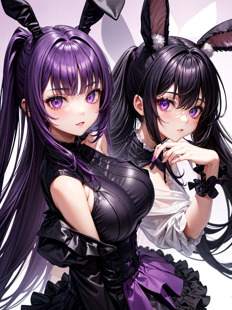 Dark purple 2 long pony tail hair girl with dark purple bunny ears and dark purplebunny tail wearing dark purplebunny girl outfit havy dark purple eyes