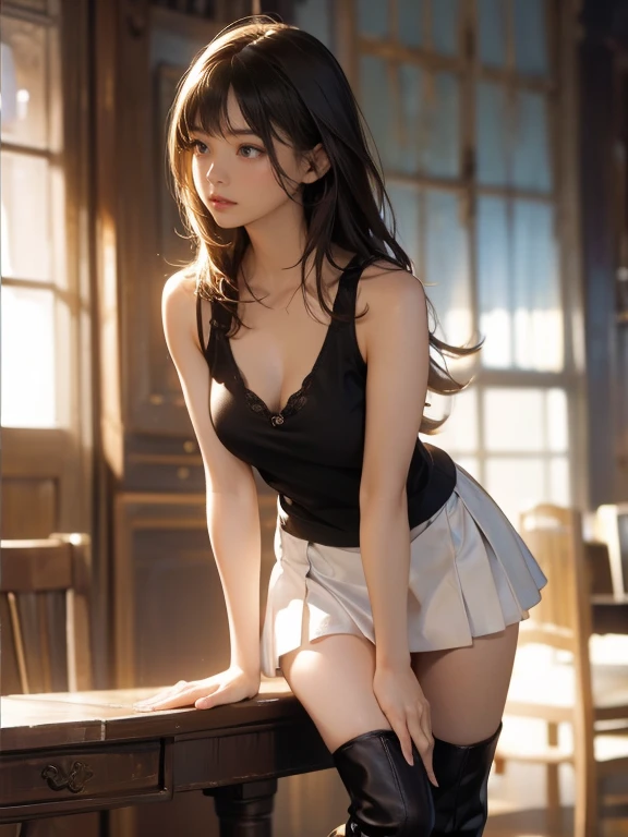(Increase contrast)、(Increase saturation)、(27 year old super beautiful girl)、(Fair skin)Beautiful woman with perfect figure、Embarrassed face、long hair、Realistic eyes、Natural Makeup、(White tank top、Cleavage、Round and firm breasts)((Very short mini skirt、Knee-high boots)) Brown Hair、((Stylish cafe、Standing posture、Leg spread、Erotic))((Medium full shot from below、between legs、sexy))