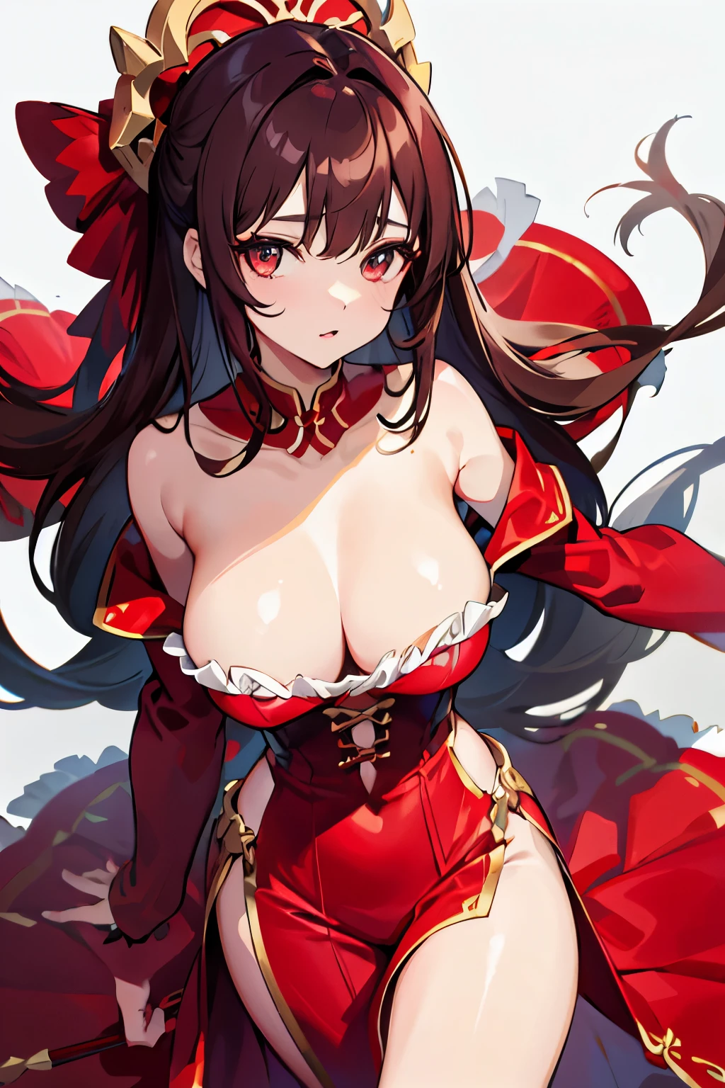 1 girl、Brown Hair、Red and white outfit、Dress style、Bustier style、Big slit、Large Breasts、Shoulder Bare、Chest open