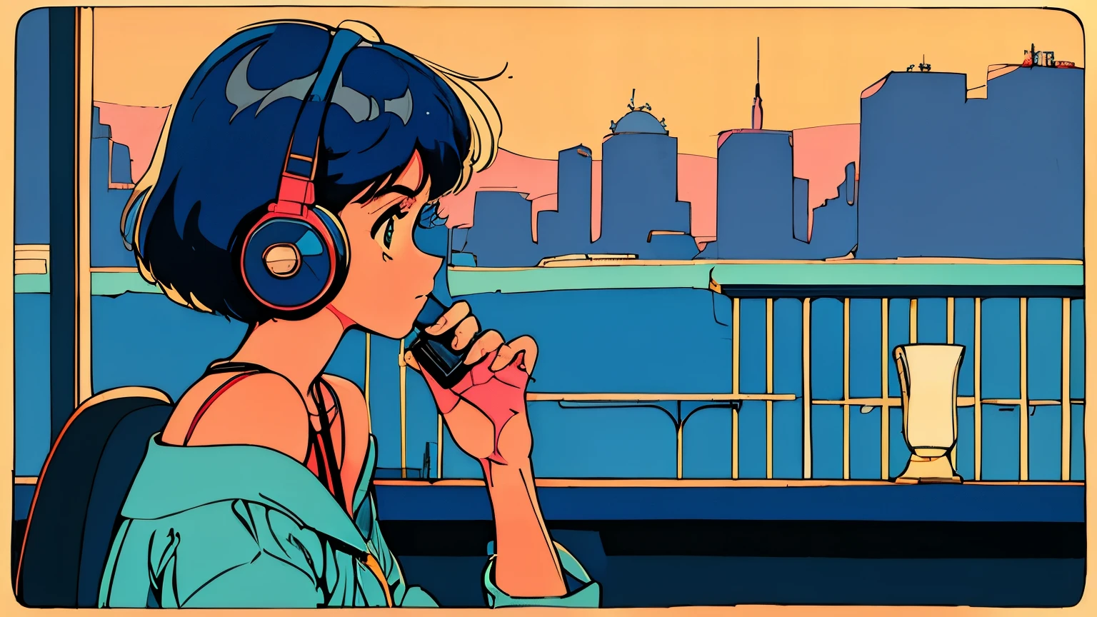 City pop style art, Shoulder-length blue hair, Bobcut, Wearing headphones, Futuristic yet lo-fi, Retro, Vintage, Ghost,masterpiece, (( Side Shot)), Sit at a desk and concentrate on studying, Laptop and coffee on the desk, (( Midnight )), (( Looking down ))