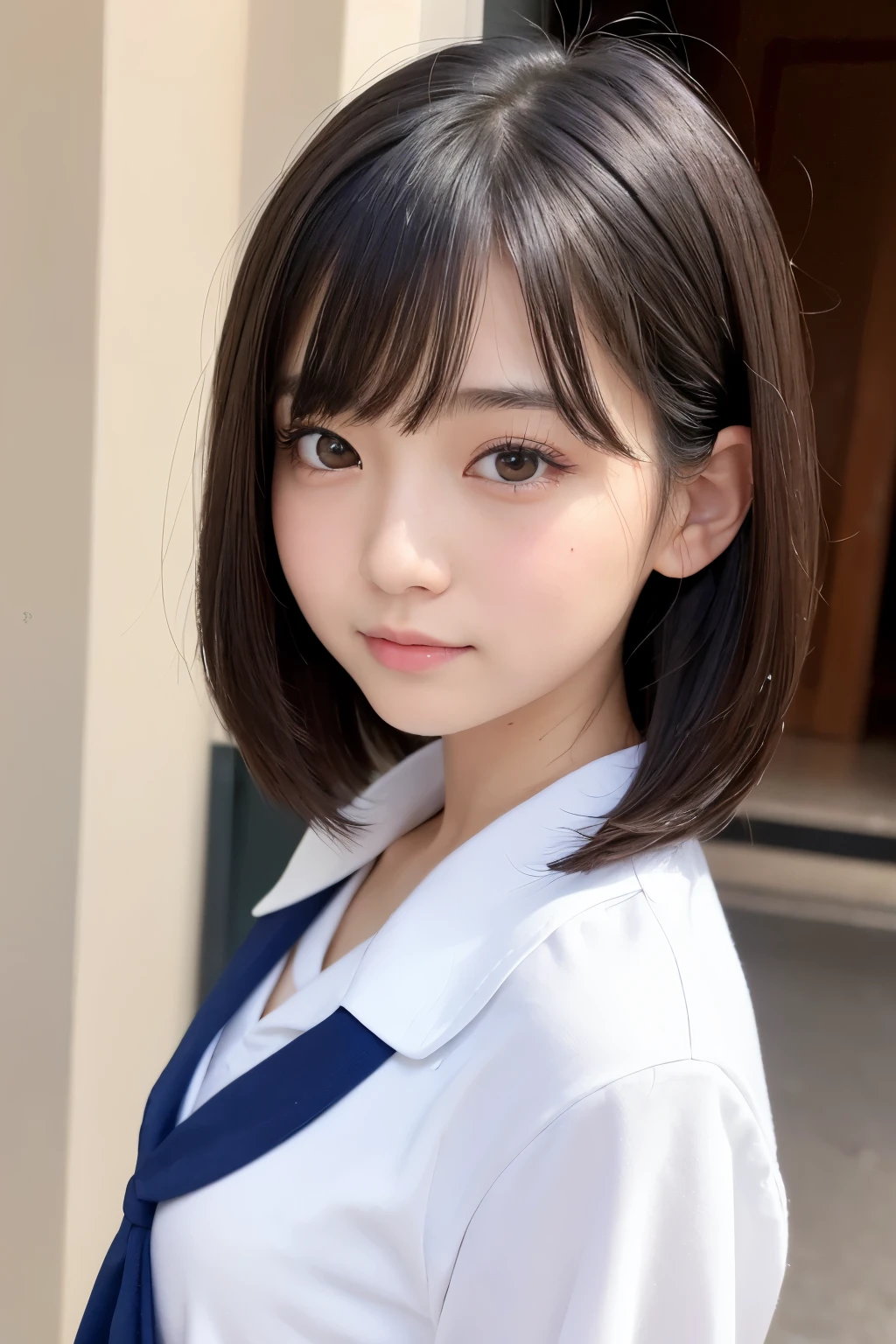 (masterpiece,highest quality,超A high resolution),Japanese women, (((Very beautiful 12 year old girl))), pretty girl、View Photographer、Front view, ((Bob Hair)), Super cute face, Glossy lips, Double eyelids on both eyes, Natural Makeup, Long eyelashes, 光沢のある滑らかなライトブラウンのロングBob Hair,, Center image, Perfect limbs, Perfect Anatomy,(((School uniform)))
