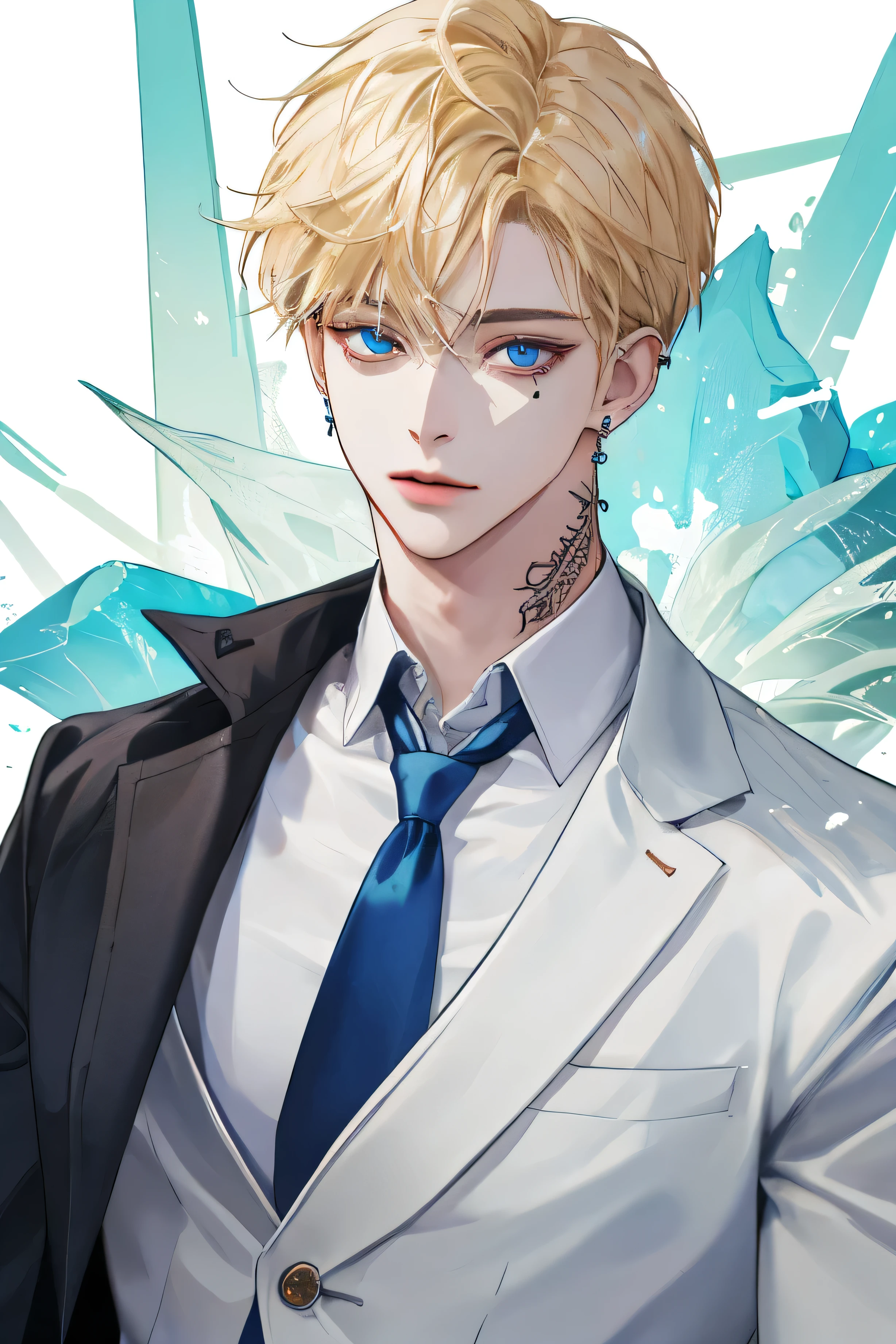Masterpiece, best quality, high quality, 1boy, face focus, adult, suit, jacket, white shirt, tie, pants, little tattoos, lots of piercings, earrings, best quality, face detail, detail background, short blonde hair, blue eyes, closed moutht, half body, big body