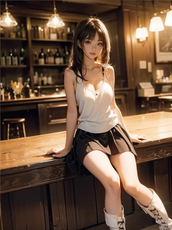 (Increase contrast)、(Increase saturation)、(27 year old super beautiful girl)、(Fair skin)Beautiful woman with perfect figure、Embarrassed face、long hair、Realistic eyes、Natural Makeup、(White tank top、Cleavage、Round and firm breasts)((Very short mini skirt、Knee-high boots)) Brown Hair、((Stylish cafe、Standing posture、Leg spread、Erotic))((Bold、Obscene、Medium full shot from below、between legs、sexy))
