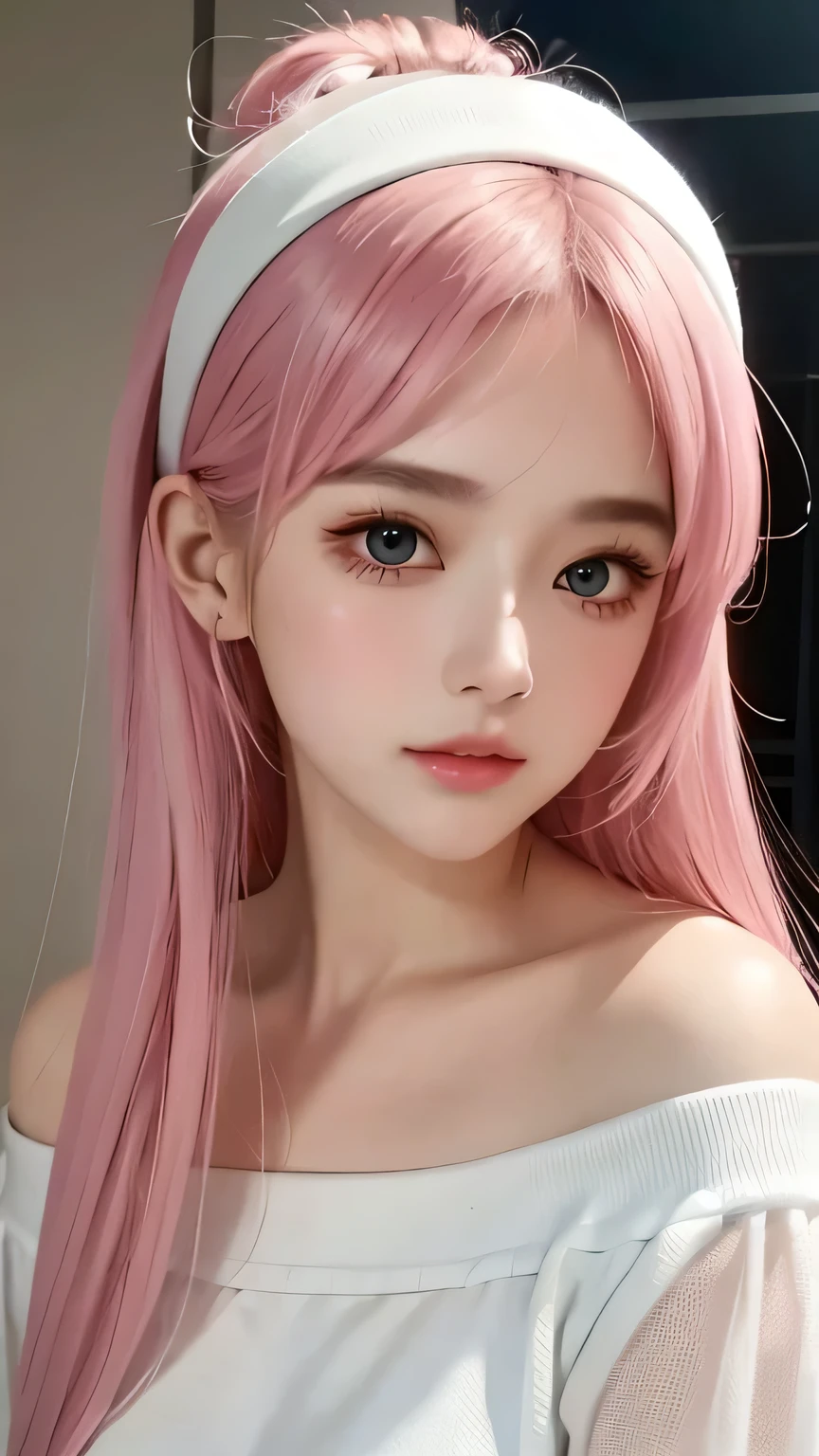 1 girl，White off-the-shoulder shirt、Wearing a pink headband，Close-up of a woman, Gu Weisz style artwork, IG Model | Art sprouts, extremely detailed Art sprouts, surreal anime, Soft Portrait Shots 8K, Art sprouts. Anime Illustrations, Bovoort&#39;Art style, Blue-haired princess, 8k Art sprouts bokeh，Blue Hair，Semi-long hair，blue eyes，Beautiful glasses，wear glasses（focus），huge ，A big smile