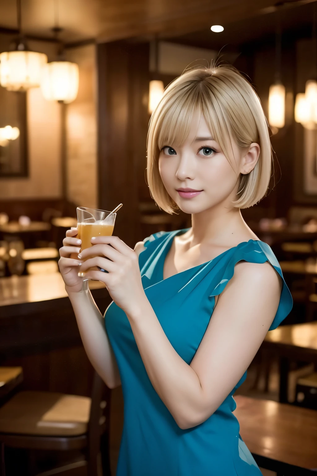 (((restaurant:1.3, Photographed from the front))), ((Blonde Hair:1.4, Medium Bob:1.3, Blue dress:1.2, Japanese women, cute)), (clean, Natural Makeup), (highest quality, masterpiece:1.3, 超High resolution), (Very detailed, Caustics), (Realistic:1.4, RAW shooting), Very detailed, High resolution, 16K resolution