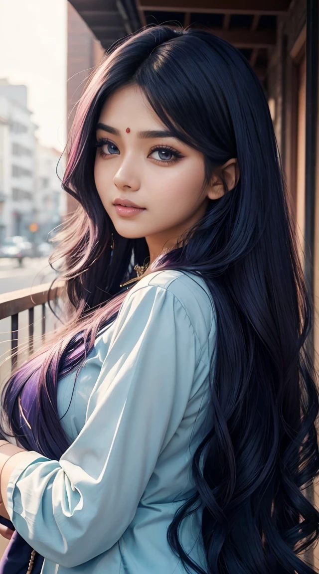25-year-old busty indian woman、Hair color is a gradient color、Eye color is blue、Semi-long、hair is wavy、I'm wearing eyeshadow and lipstick、wearing a hair band、accessories on wrist、Slender but well-proportioned muscular body、The navel is visible、Wearing a see-through tie-front shirt、、Chest Pochi、She's wearing a low-rise mini pleated skirt.、I'm in an alley of brick buildings in an old western city、I'm standing with my butt against the wall、a smile、Looking at the camera
