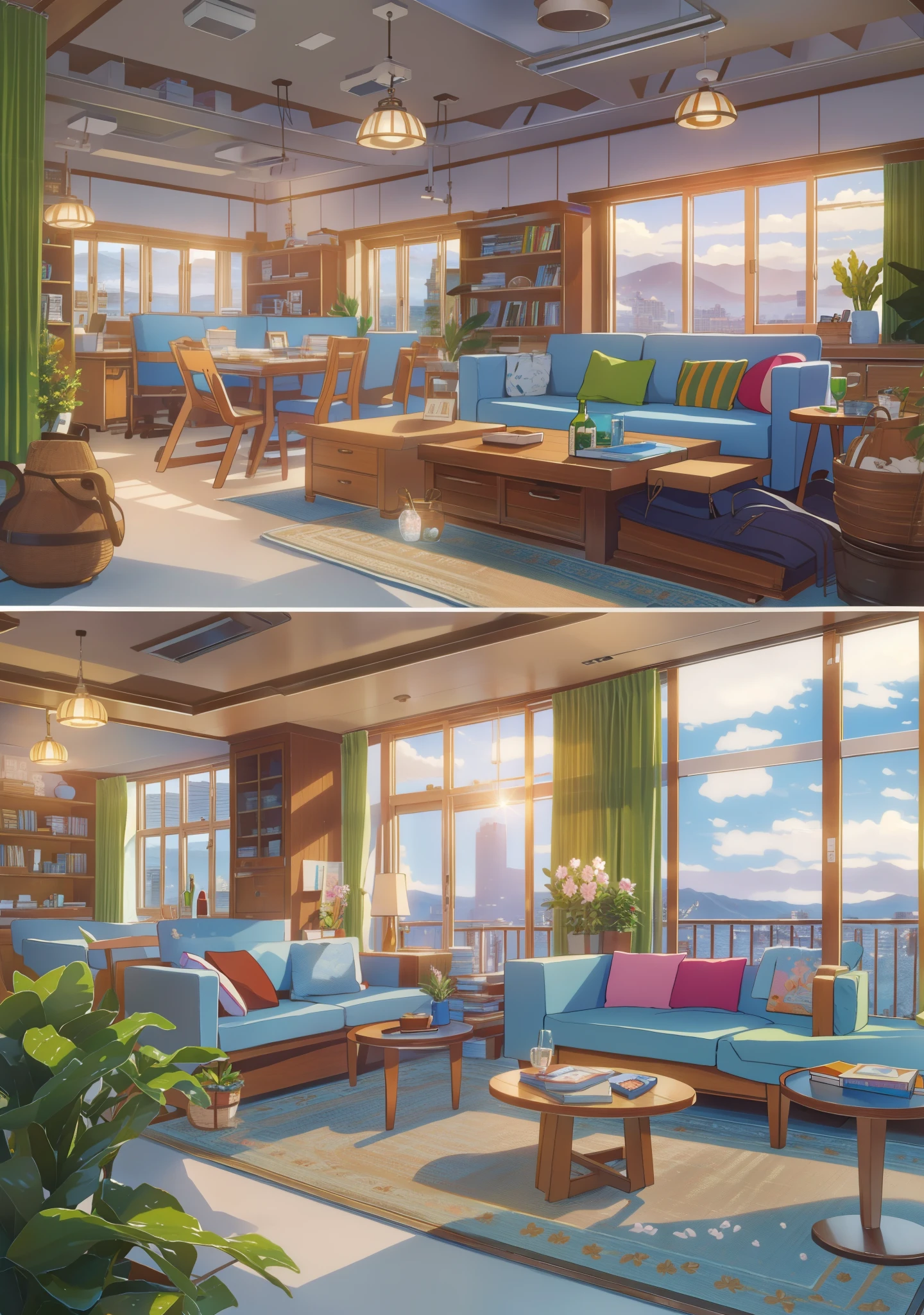 (masterpiece:1.2),best quality, Modern campus,morning,School,Student Union,现代classroom,classroom,classroom,classroom,Modern meeting room, 100mm lens, 3d blender rendering, No humans, landscape, summer, Sky, cloud, ,table,Bookshelf with many books,masterpiece, best quality, Ultra Detailed,HD, HDR, 8k,masterpiece, The bookshelves are full of books, modern furniture, Flower pot with branches, bottle, Glasses, cup, plate, crystal, Bookcases filled with various books, Dishes, emphasize, Exquisite interior, 窗外的landscape, a bridge, Sea, Mountains, Sunset, A city, Neon, morning, floor, A sofa, Pillow, Candlestick, Flowers,