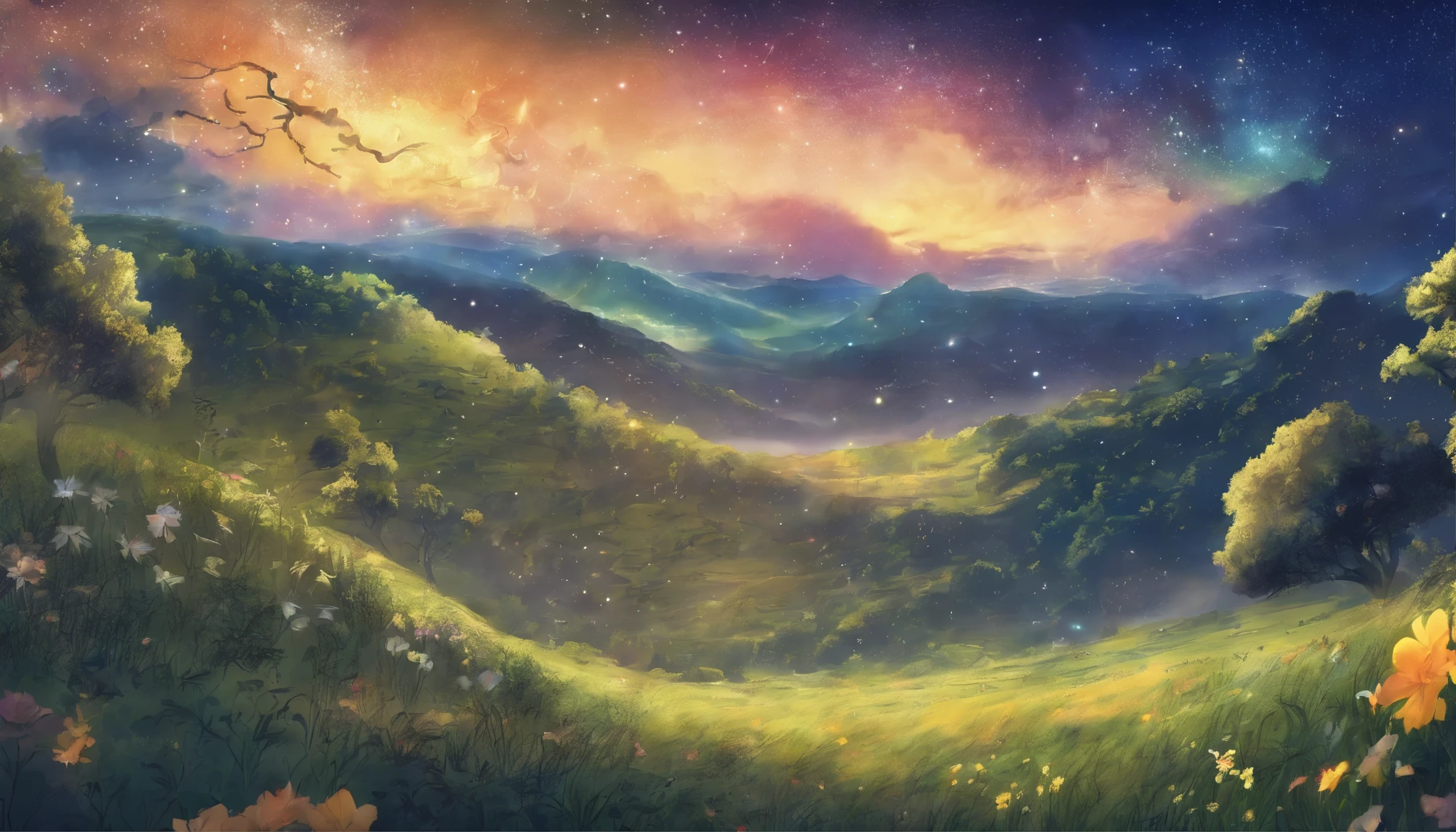 Starry Sky、grassland、night、fantasy