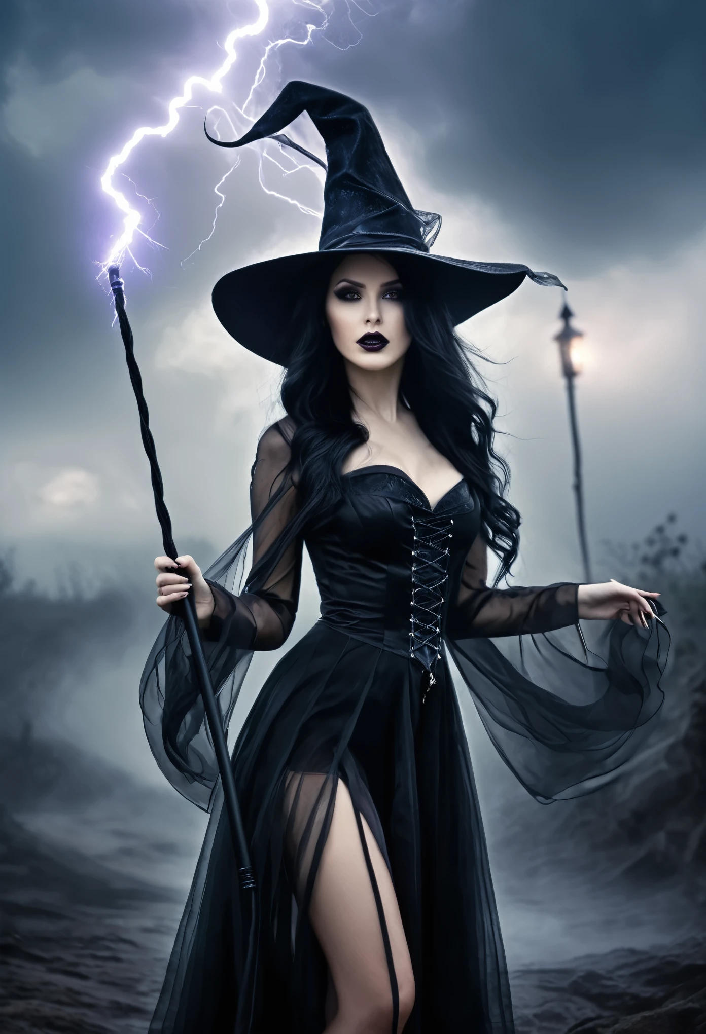 Venus bewitched, dark gothic style, misty foggy blurry background, handling magic rod, high witch hat, long wavy black hair, wind blowing, lightning strike. HD, surrealism, thrilled scene
