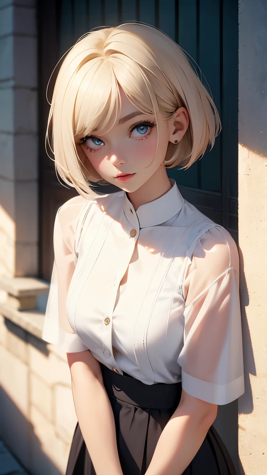 short hair, 前髪のあるshort hair, Woman with pretty face,Cute little face, French Bob, White skin, 短い茶色の髪とBig eyes, Full body portrait shot 8k, Beautiful light、Big eyes, Beautiful woman, Young woman with bob cut, Full Shot,Best image quality,