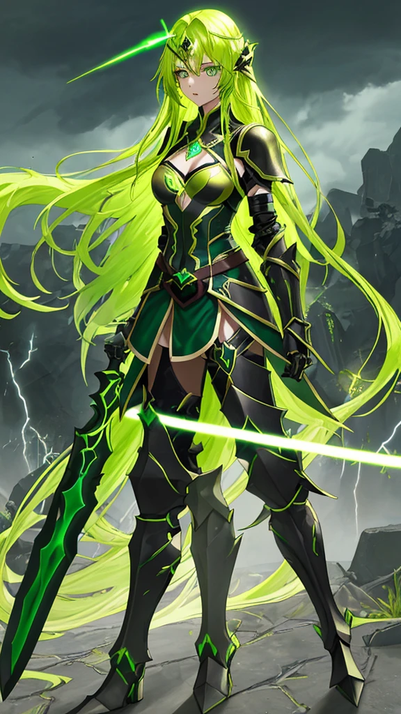 Green fluorescent long hair, golden forehead protector for women, black fluorescent armor, chest, cleavage, iron armor, skirt, iron boots, broadsword, whole body, dark clouds and lightning