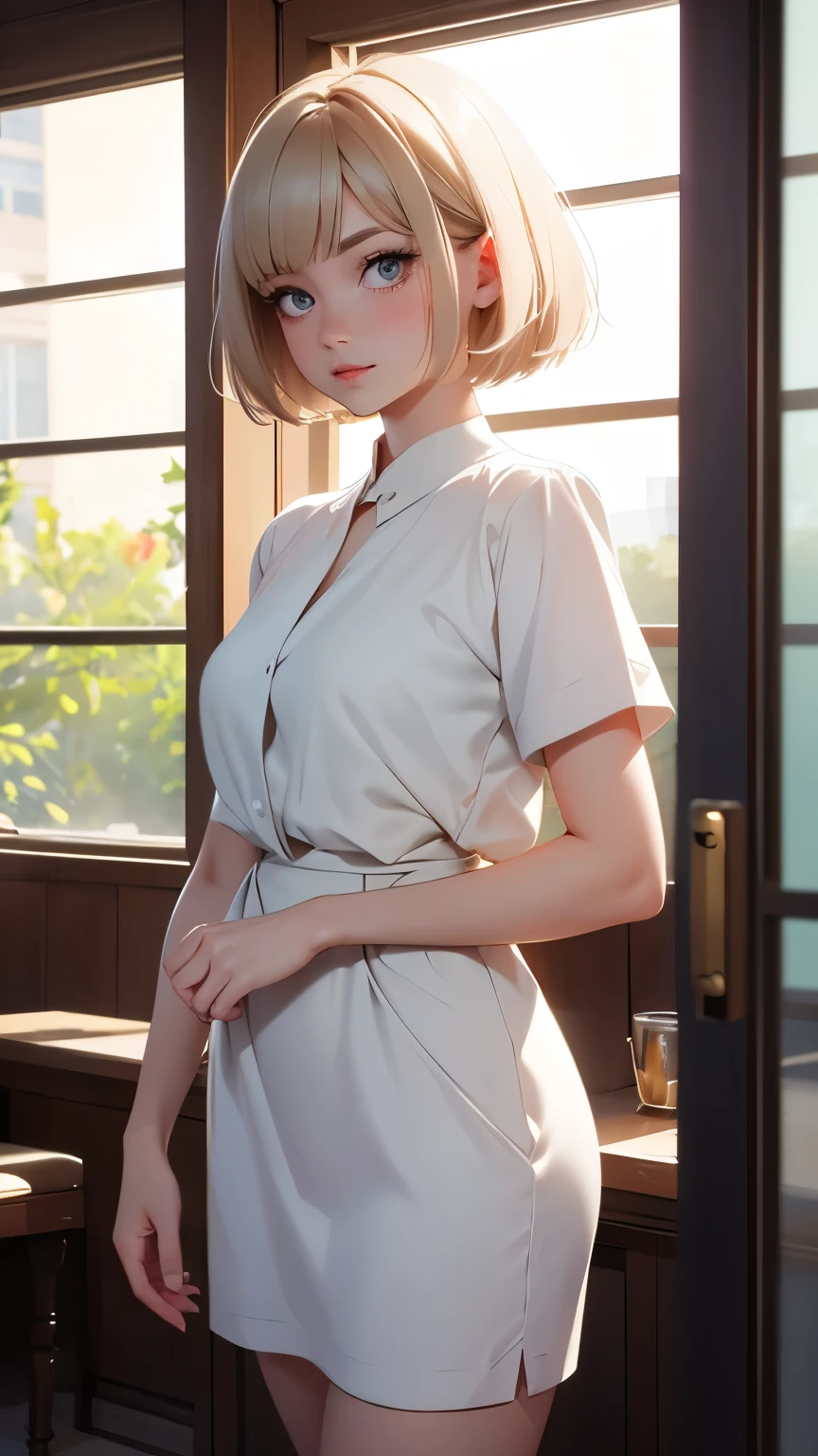 short hair, 前髪のあるshort hair, Woman with pretty face,Cute little face, French Bob, White skin, 短い茶色の髪とBig eyes, Full body portrait shot 8k, Beautiful light、Big eyes, Beautiful woman, Young woman with bob cut, Full Shot,Best image quality, 