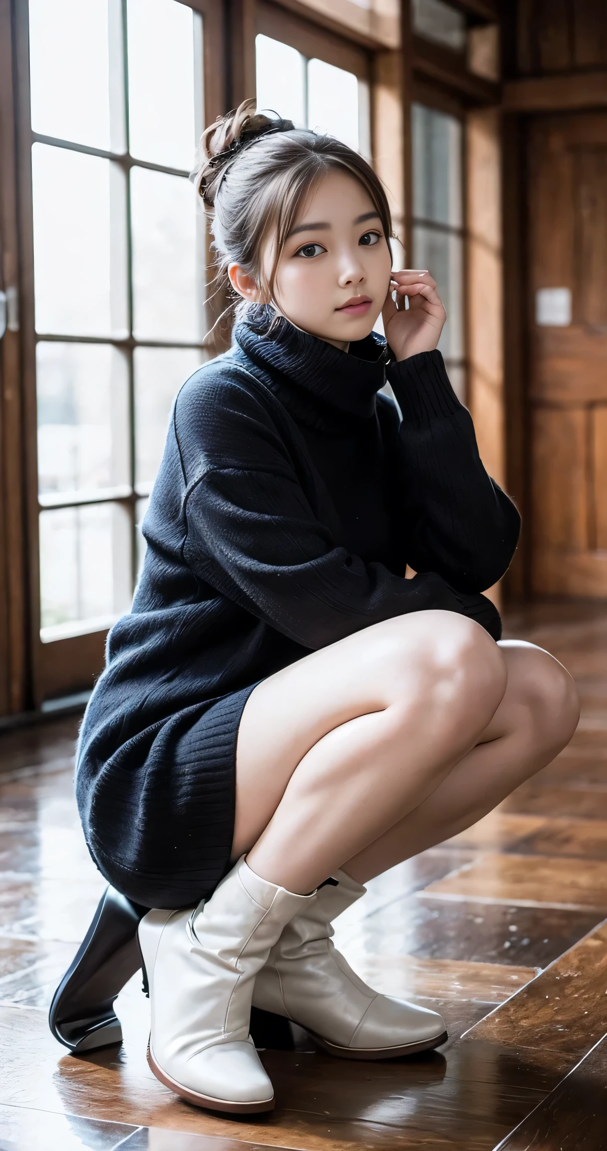 (masterpiece:1.3), (8k, Photorealistic, RAW Photos, The subject is a little far away、Best image quality: 1.4), 18-year-old female、((Full body shot down to the toes))、Healthy slim figure、A small, round face and a cute smile、Super detailed face、Fine and moist eyes、Natural Makeup、((Bangled updo hair))、(Beautiful woman:1.4)、Light brown hair、Natural color lip、highest quality、masterpiece、Ultra-high resolution、(Photorealistic:1.4)、scarf、Down jacket、Tight sweater、Checkered pleated mini skirt、Round and big breasts、Beautiful bare legs、ankle mini boots、Cute expression、Clear Skin、Pose to stare at the viewer、Shiny Hair、Full body Esbian shot、Look forward、Full body proportions