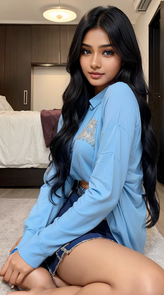 24-year-old indian woman、 Eye color is blue、Semi-long、hair is wavy、I'm wearing eyeshadow and lipstick、I'm wearing a headband、accessories on wrist、Slender but well-proportioned muscular body、My abs are cracked、She's wearing a low-rise mini pleated skirt.、wearing mesh tops、I'm in an alley of brick buildings in an old western city、standing with legs crossed、a smile、Looking at the camera