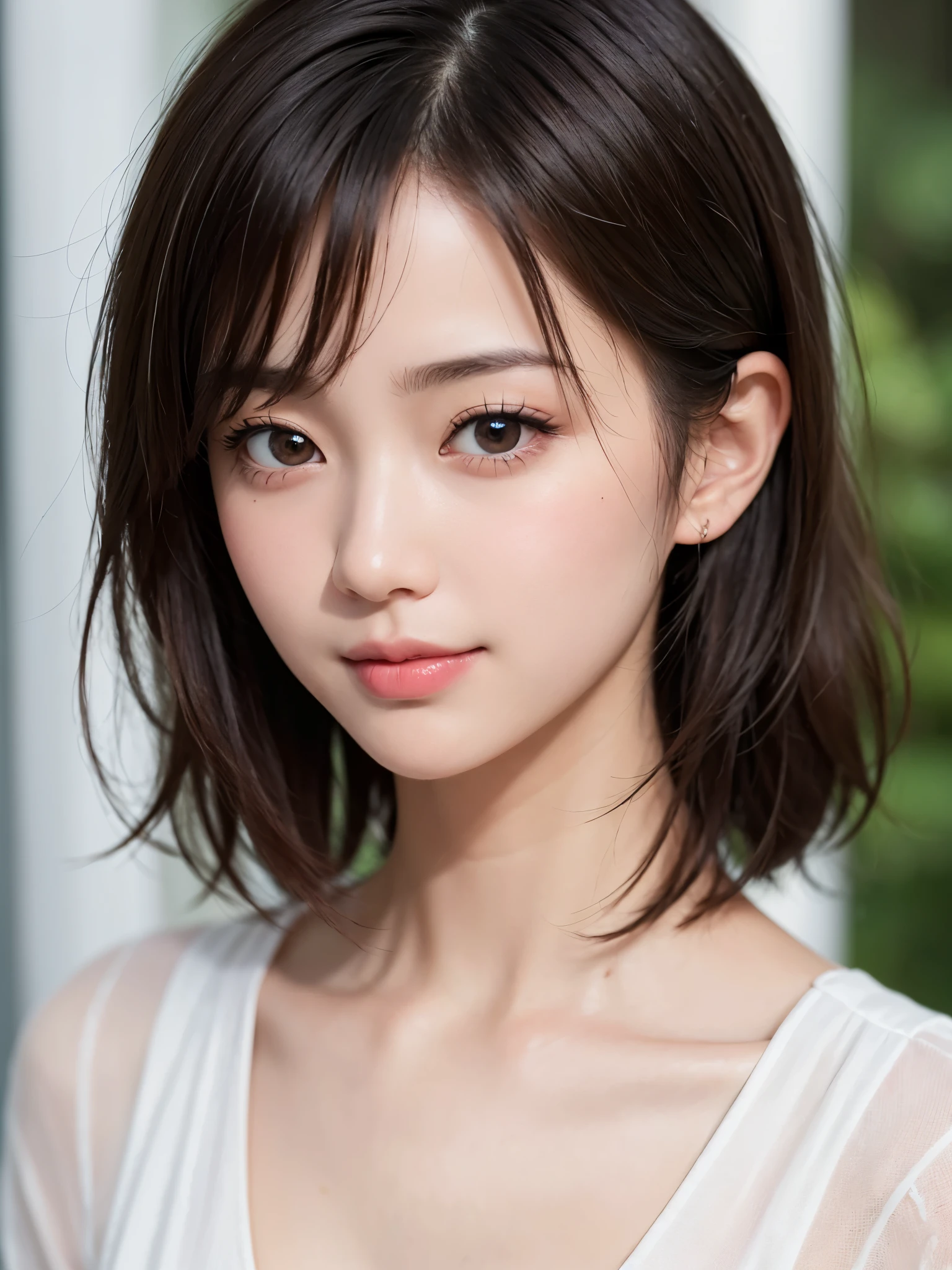 (highest quality、Ultra-realistic as a photo)、Sharp focus, 超High resolutionの顔、Very fine finish、(High resolution、8k:1.3)、The face is in focus、Ultra high definition and beautiful eyes、Eyes are symmetrical、(looking at viewer:1.2))、High quality and natural skin、Ultra HD Hair Texture、masterpiece、(Face close-up:1.1)、Japanese women、17 years old、OL, (short hair, messy hair:1.2)、Best、 White Business Shirt、medium breast, Natural light, very cute、very cute, Light Makeup, Glossy Lips、), (blush:1.3), (embarrassed:1.3), small smile